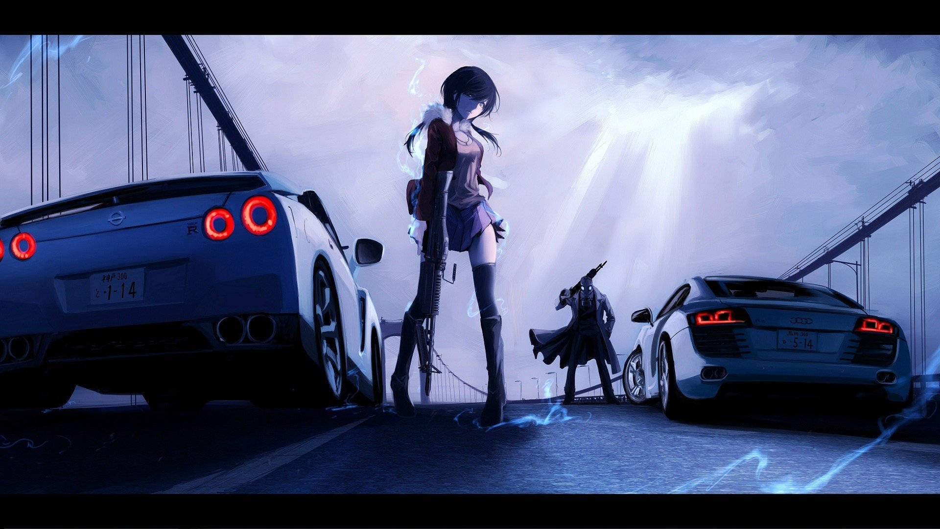 anime characters, glowing sports cars, bridge, Full HD Desktop Wallpaper