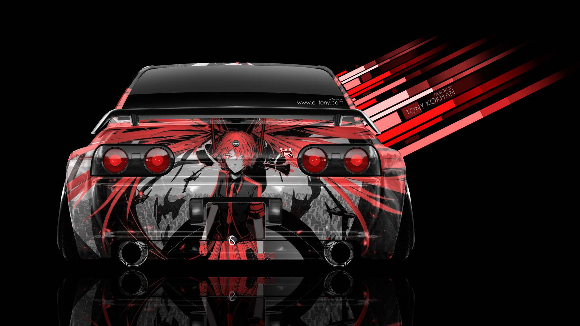 Skyline car, red and black anime-style car, red-haired character decal, Full HD Desktop Wallpaper