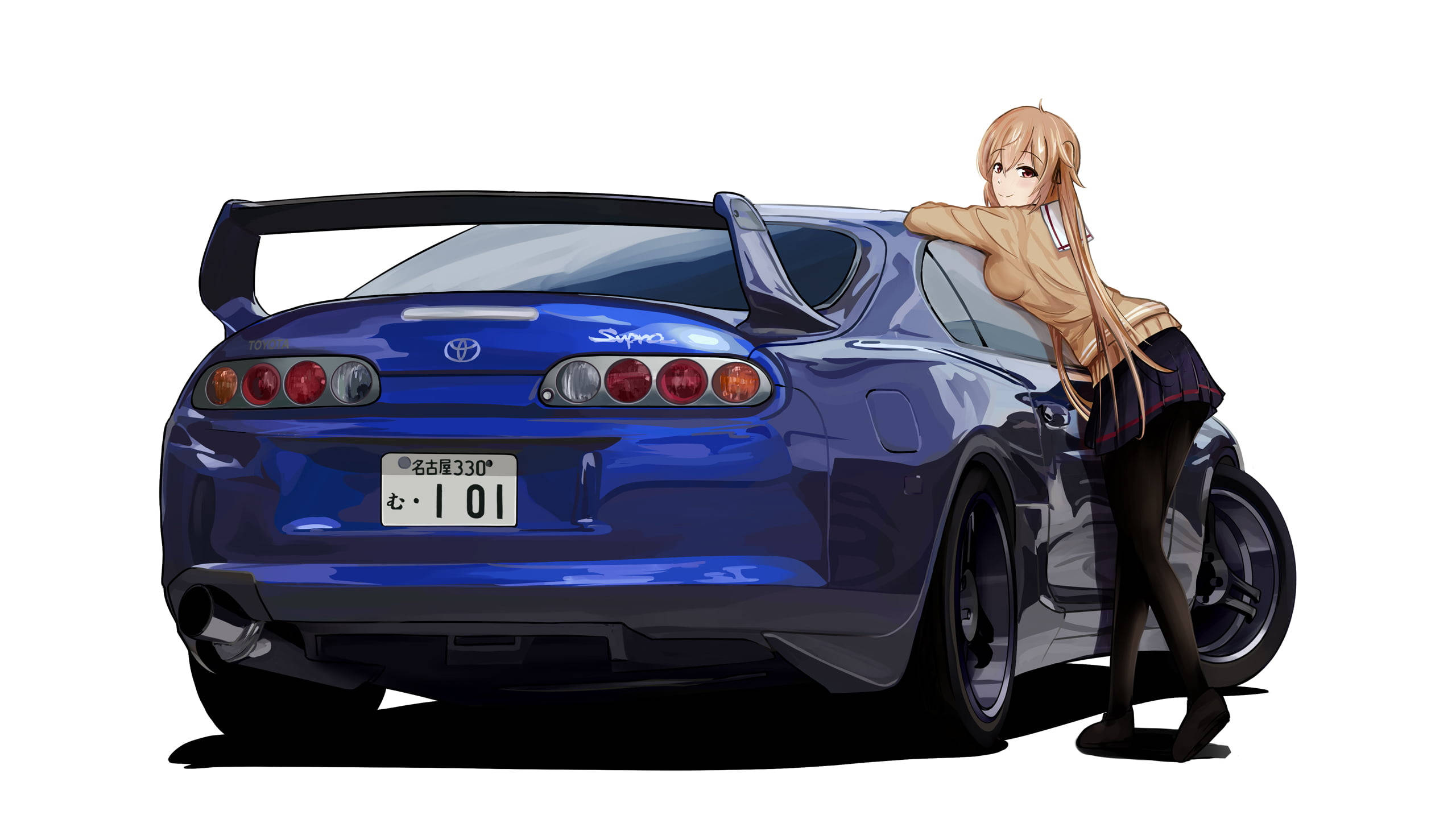 blue Toyota Supra, sports car, girl in a school uniform, 2K Desktop Wallpaper