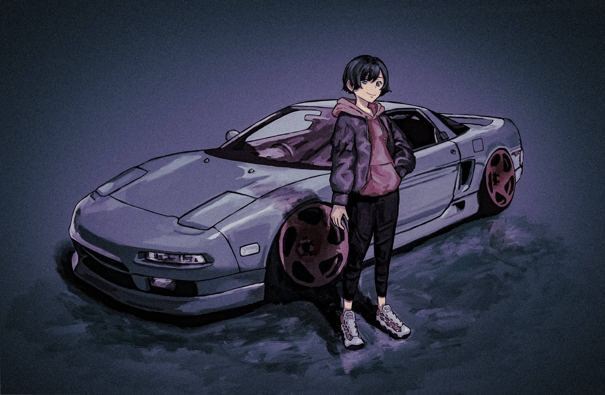 girl in hoodie, sleek purple sports car, red rims, Full HD Desktop Wallpaper