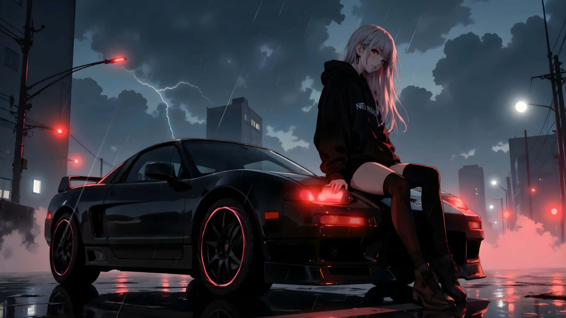 anime girl, black sports car, glowing red rims, Full HD Desktop Wallpaper