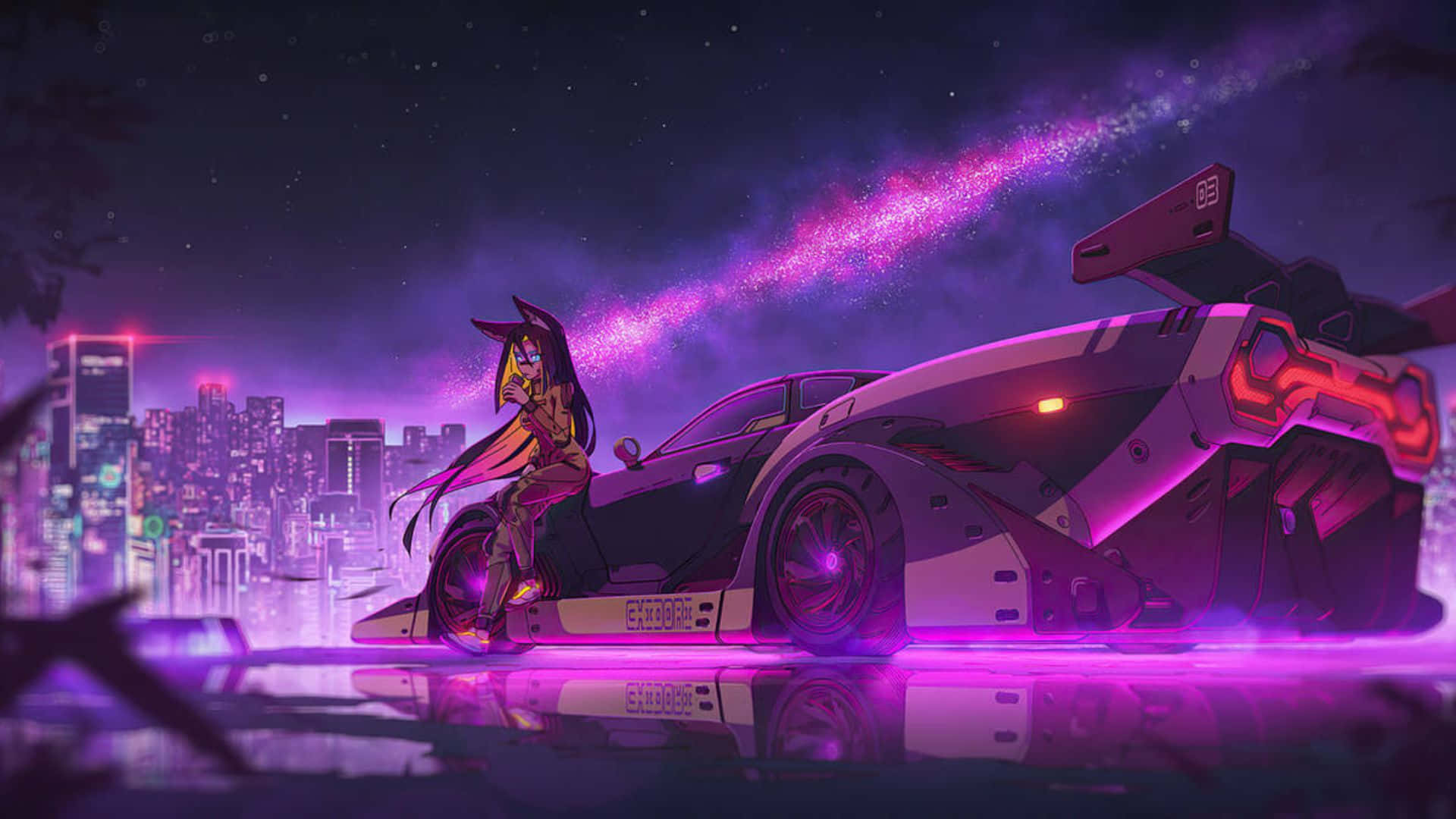 Cyberpunk Night Anime Car, anime girl with long dark hair, sleek purple sports car, Full HD Desktop Wallpaper