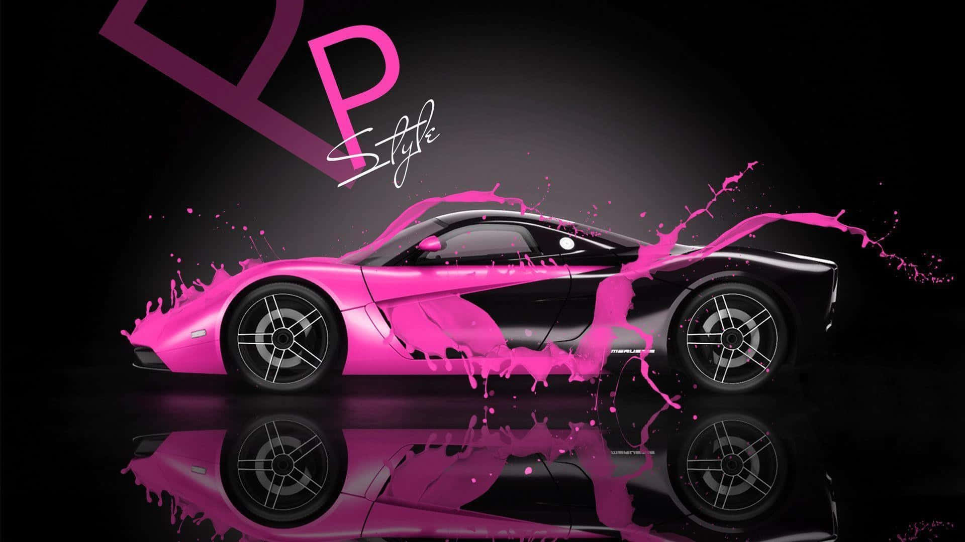 sleek black sports car, vibrant pink paint splashes, dark background, Full HD Desktop Wallpaper