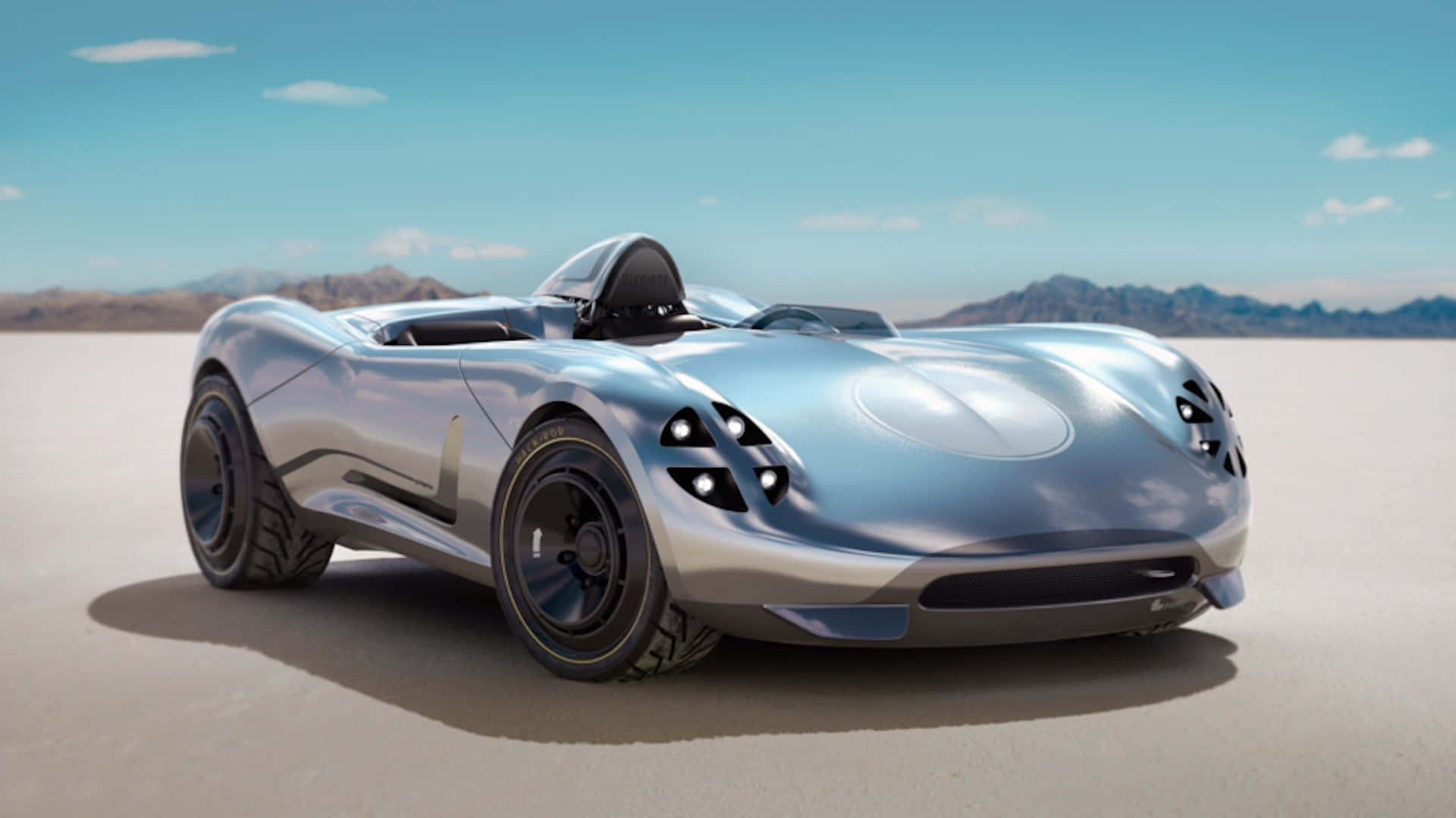 sleek silver futuristic sports car, black accents, vast desert plain, Full HD Desktop Wallpaper
