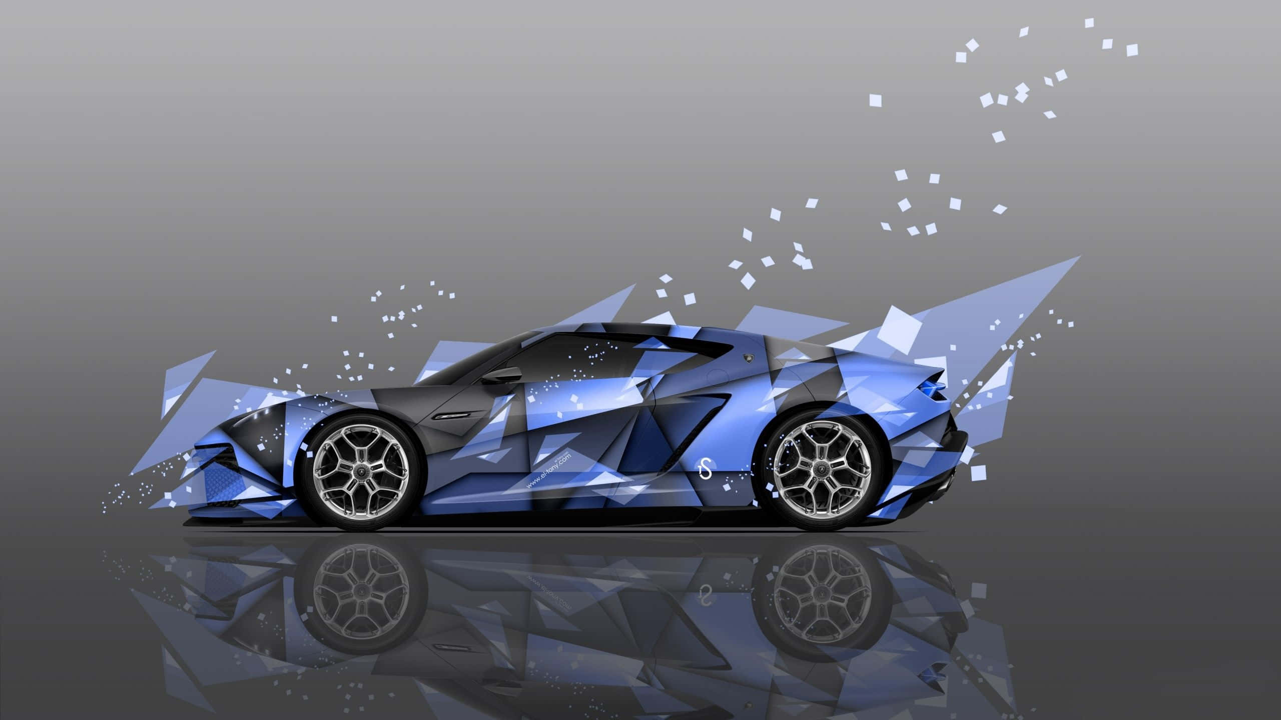 sleek blue sports car, geometric shards, glowing particles, 2K Desktop Wallpaper