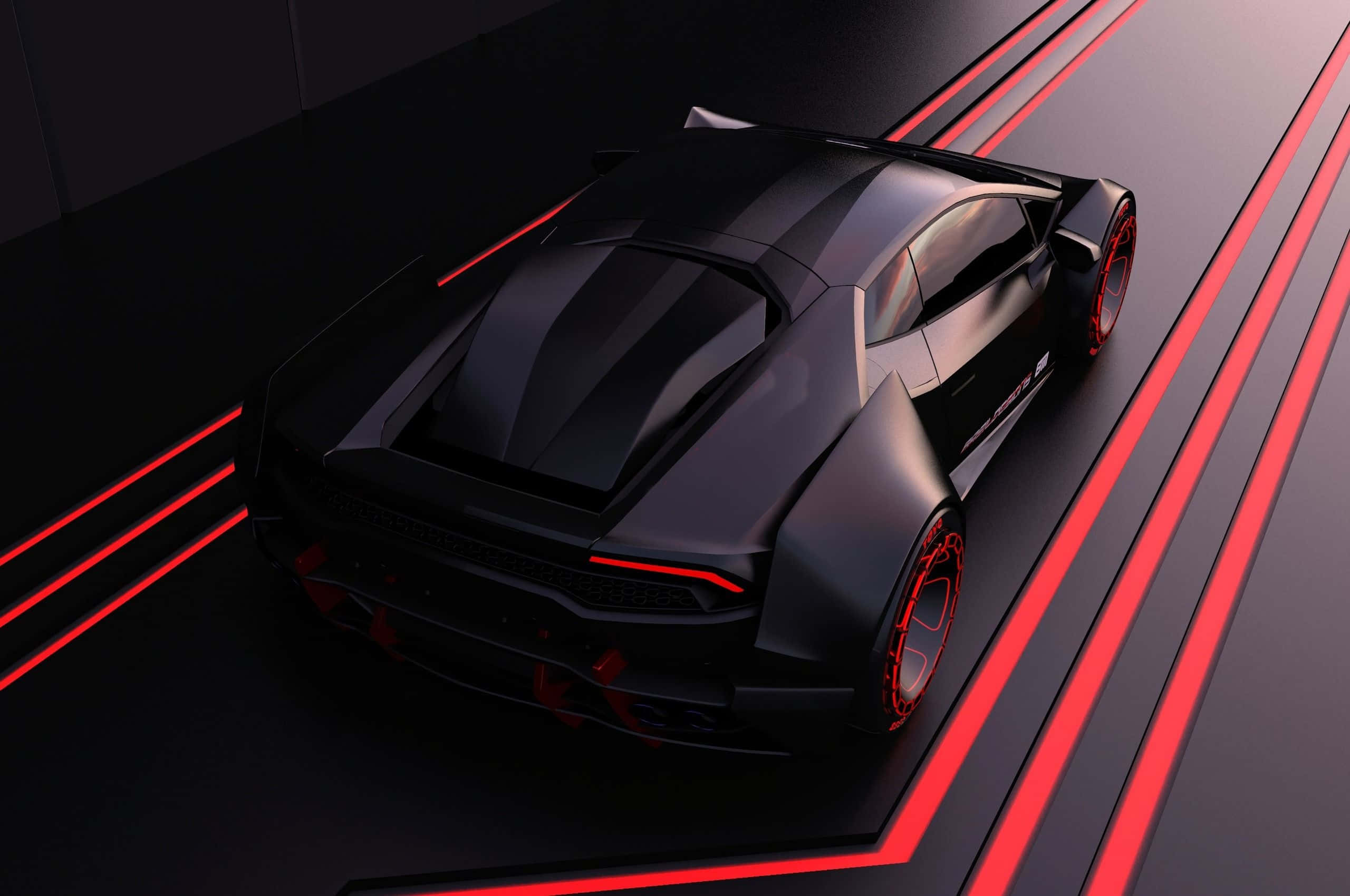 sleek black sports car, glowing red accents, dark floor, 2K Desktop Wallpaper