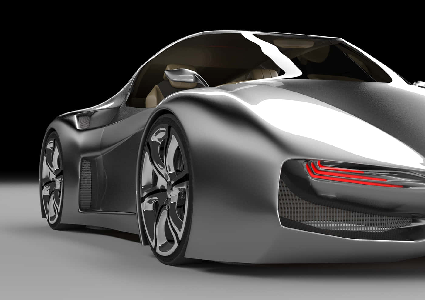 sleek silver futuristic sports car, glowing red taillights, aerodynamic curves, HD Desktop Wallpaper