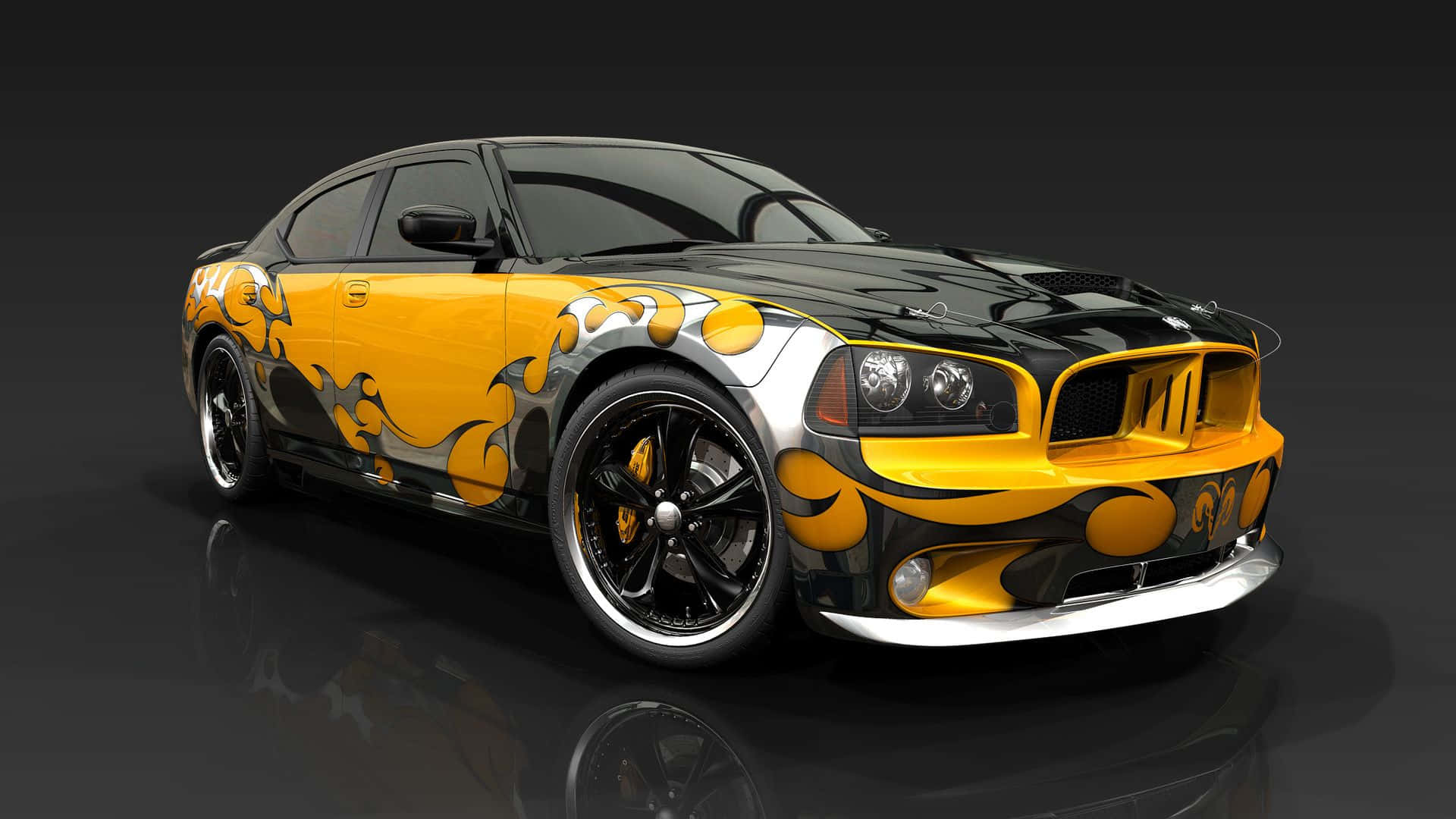 sleek black and yellow muscle car, bold flame decals, studio lights, Full HD Desktop Wallpaper