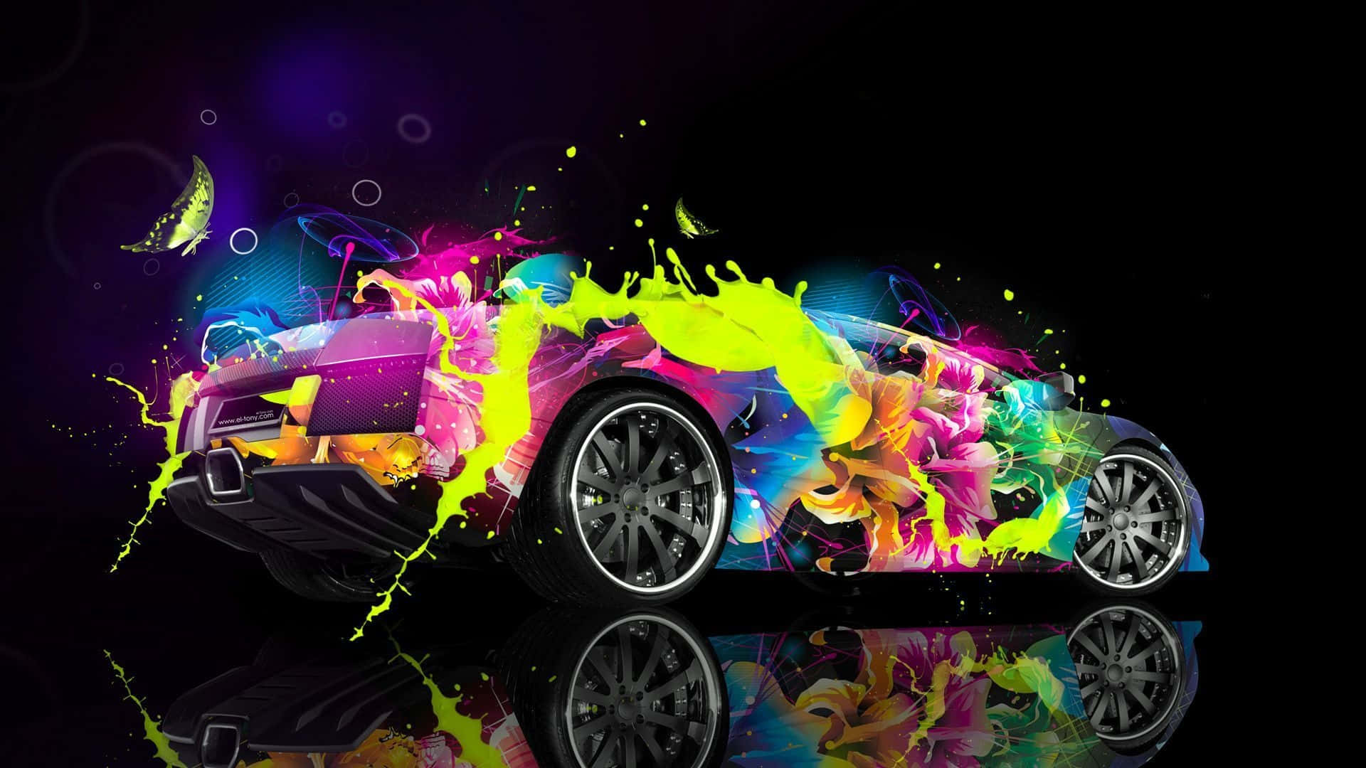 Futuristic Sports Car Concept, neon paint splatters, glowing floral patterns, Full HD Desktop Wallpaper