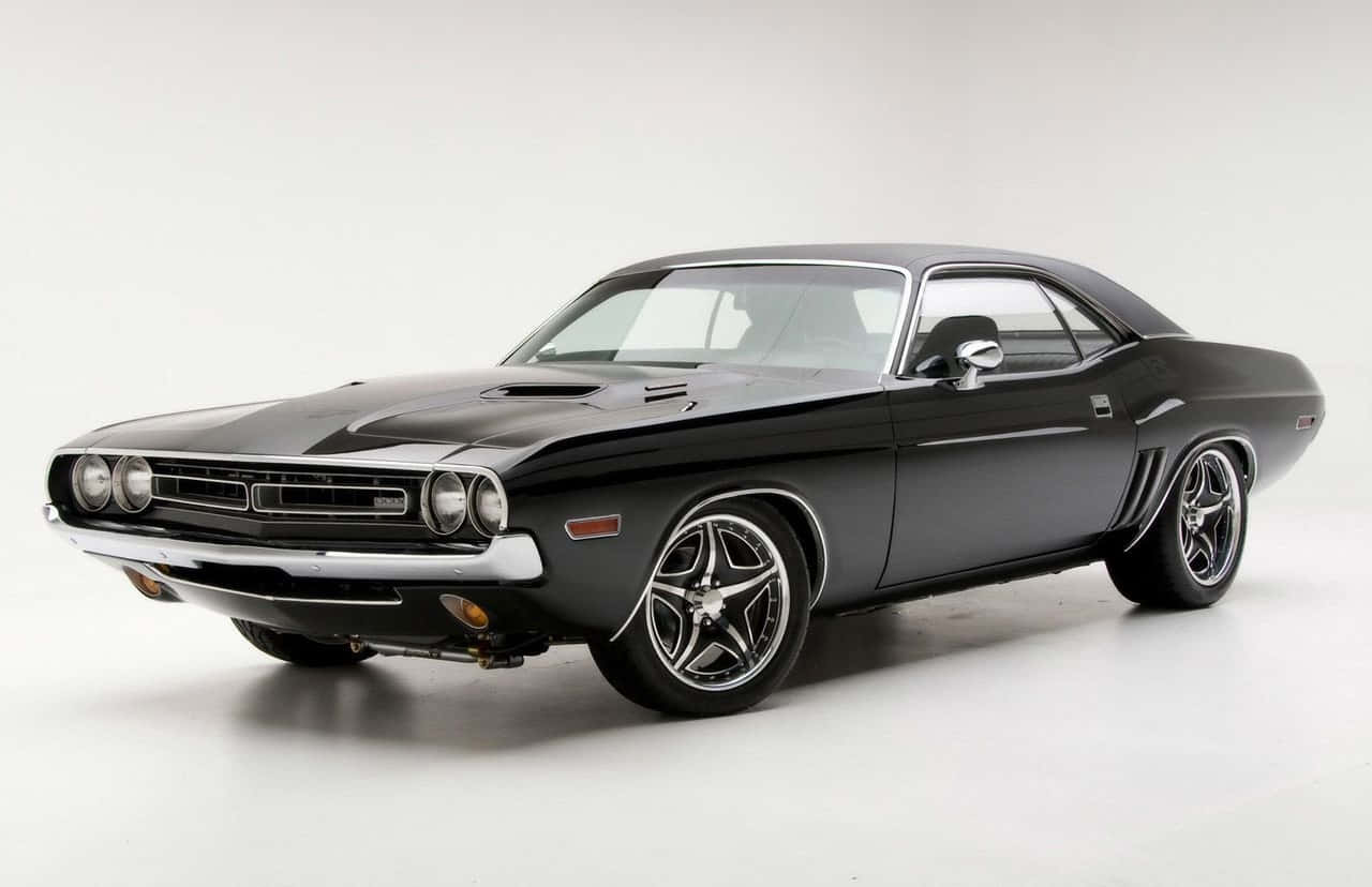 sleek black classic muscle car, chrome accents, custom wheels, HD Desktop Wallpaper