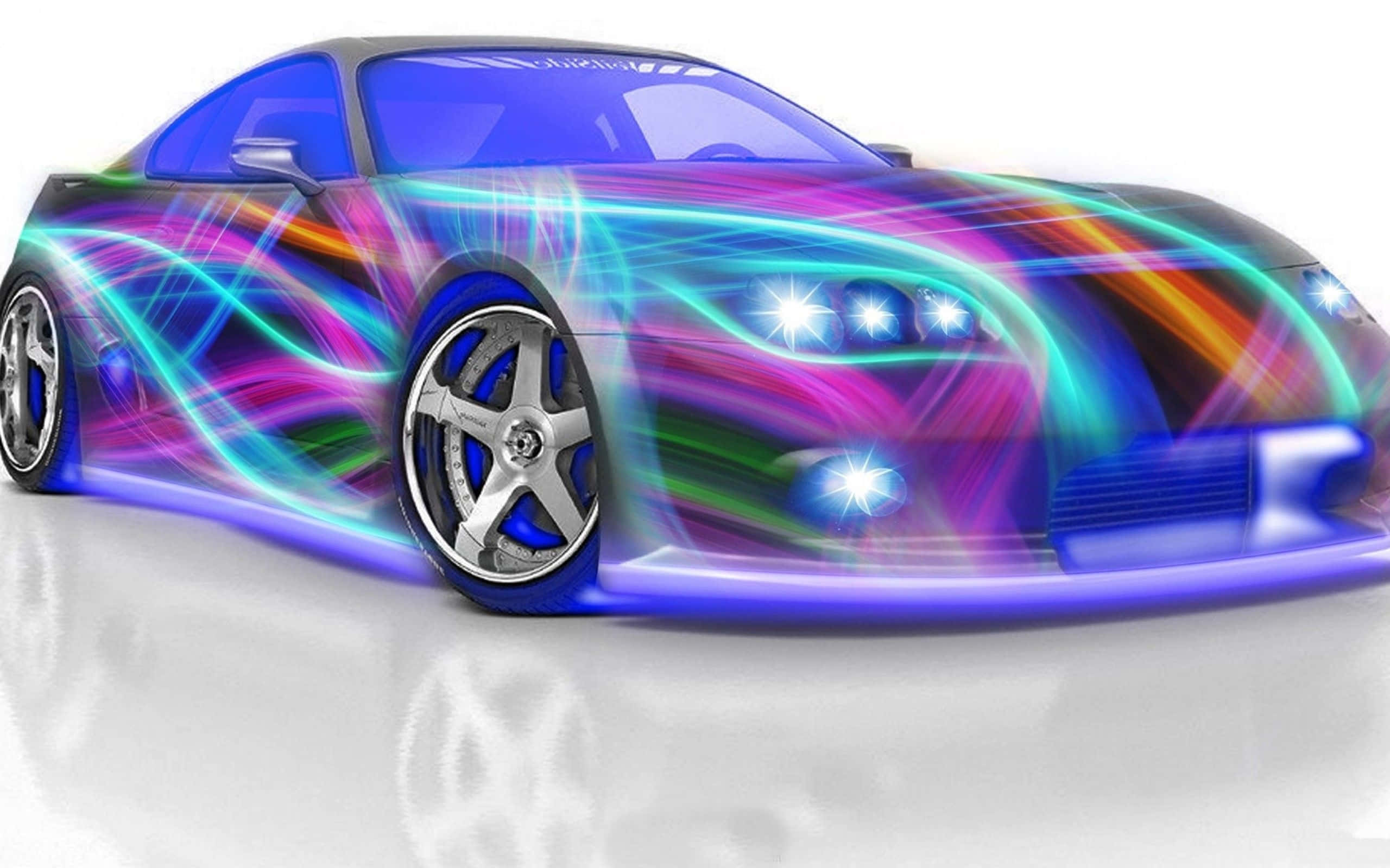 Futuristic Red Car, neon streaks of blue pink and green, clean white studio background, 2K Desktop Wallpaper