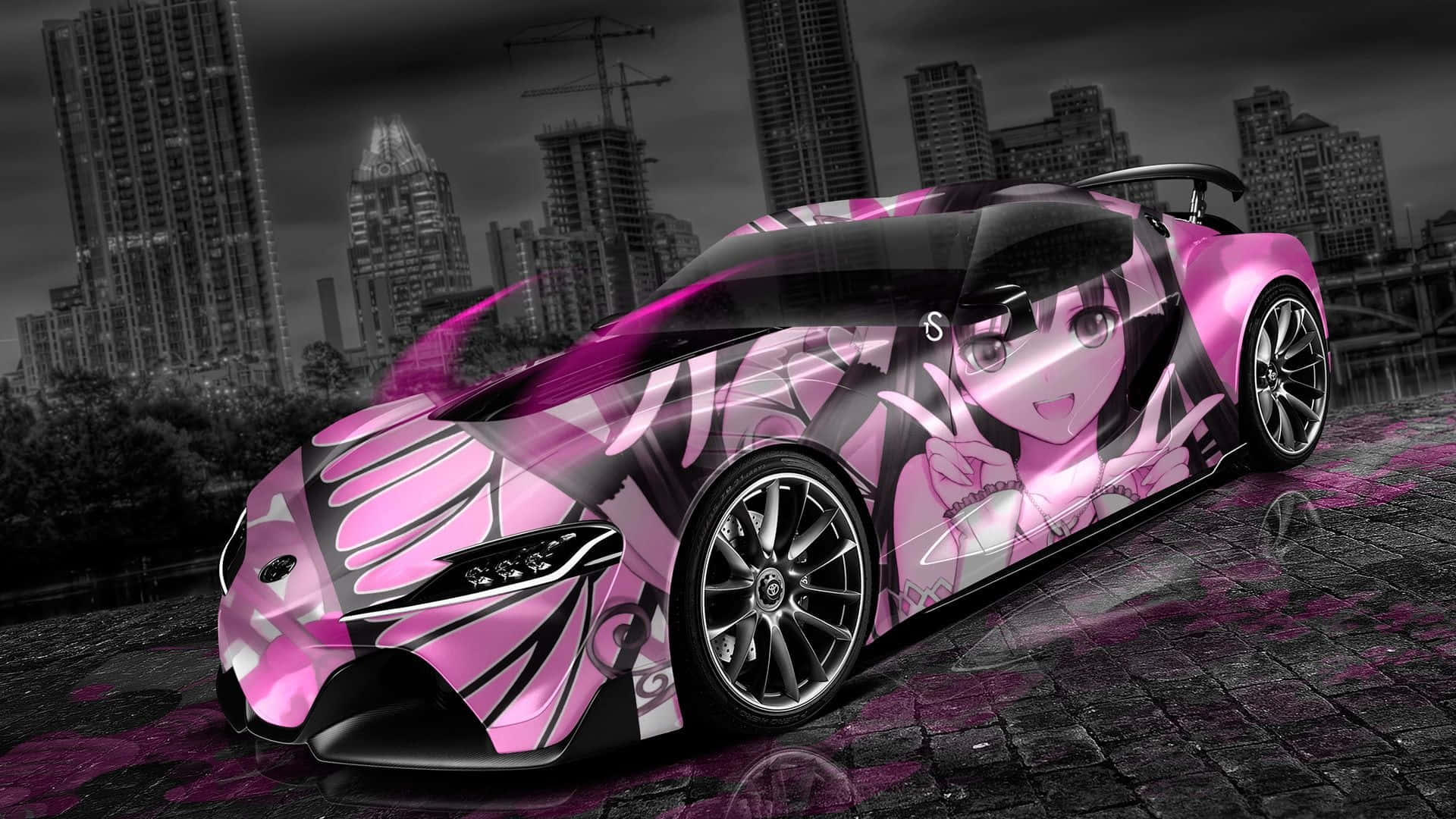 futuristic sports car, pink anime girl decal, wet city street, Full HD Desktop Wallpaper