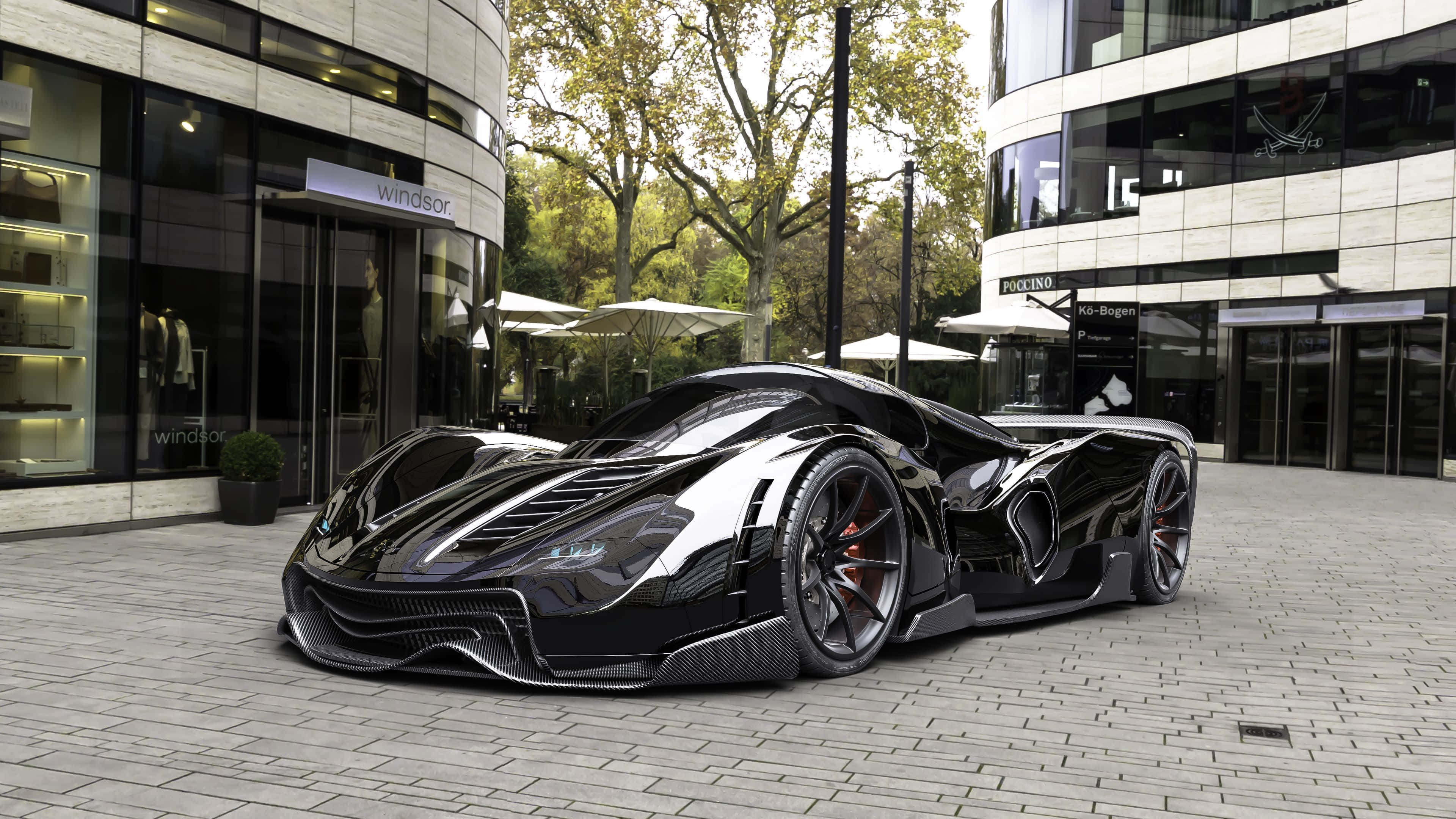 sleek black hypercar, carbon fiber accents, daylight, 4K Desktop Wallpaper
