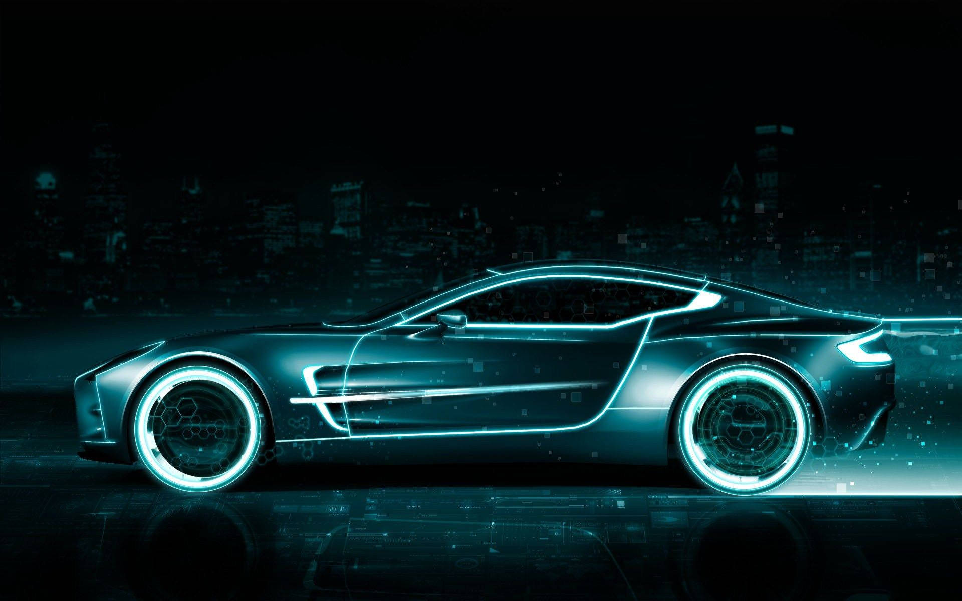 futuristic sports car, neon blue lines, dark cityscape, Full HD Desktop Wallpaper