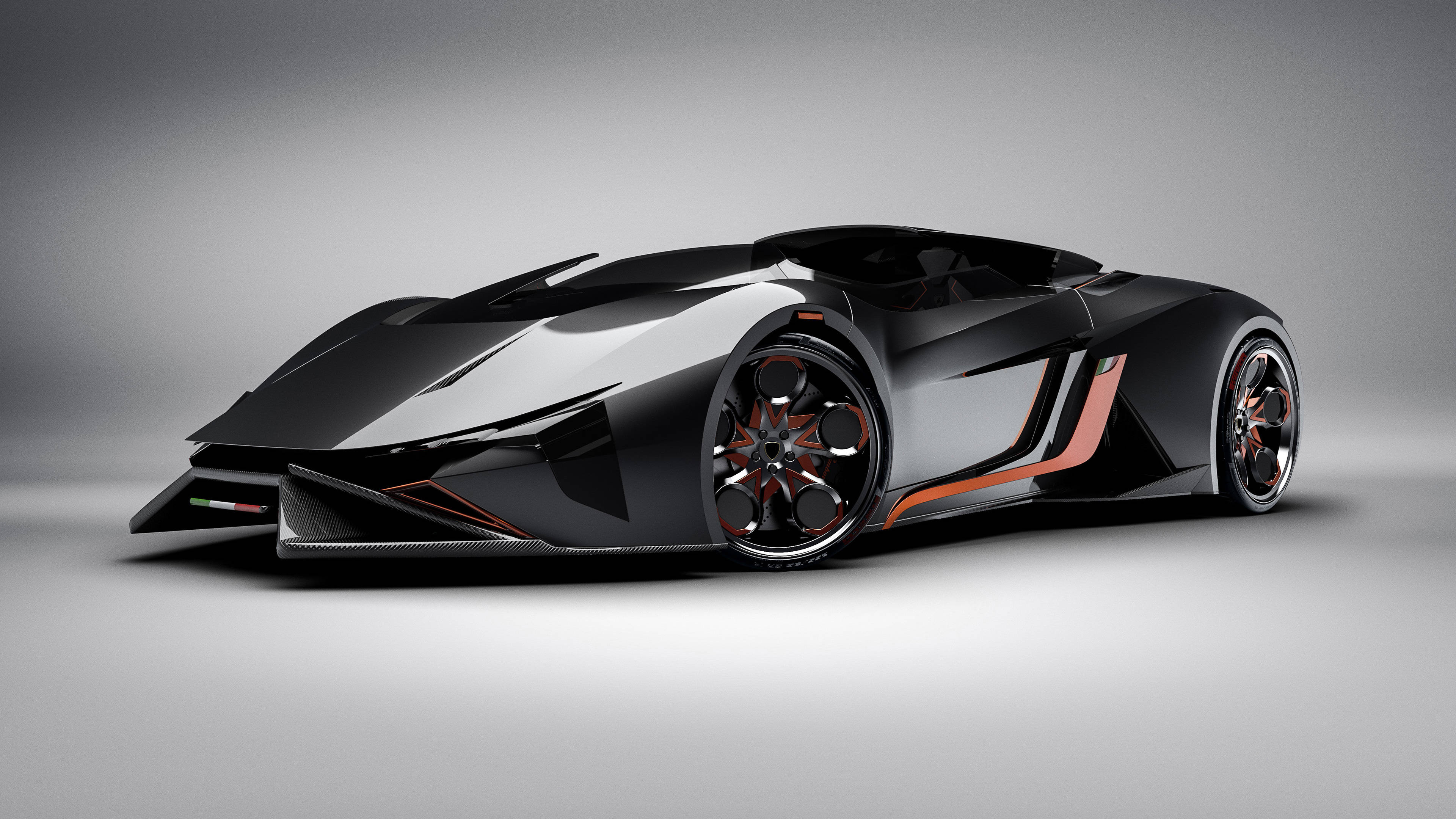 sleek black futuristic sports car, orange accents, carbon fiber details, 4K Desktop Wallpaper
