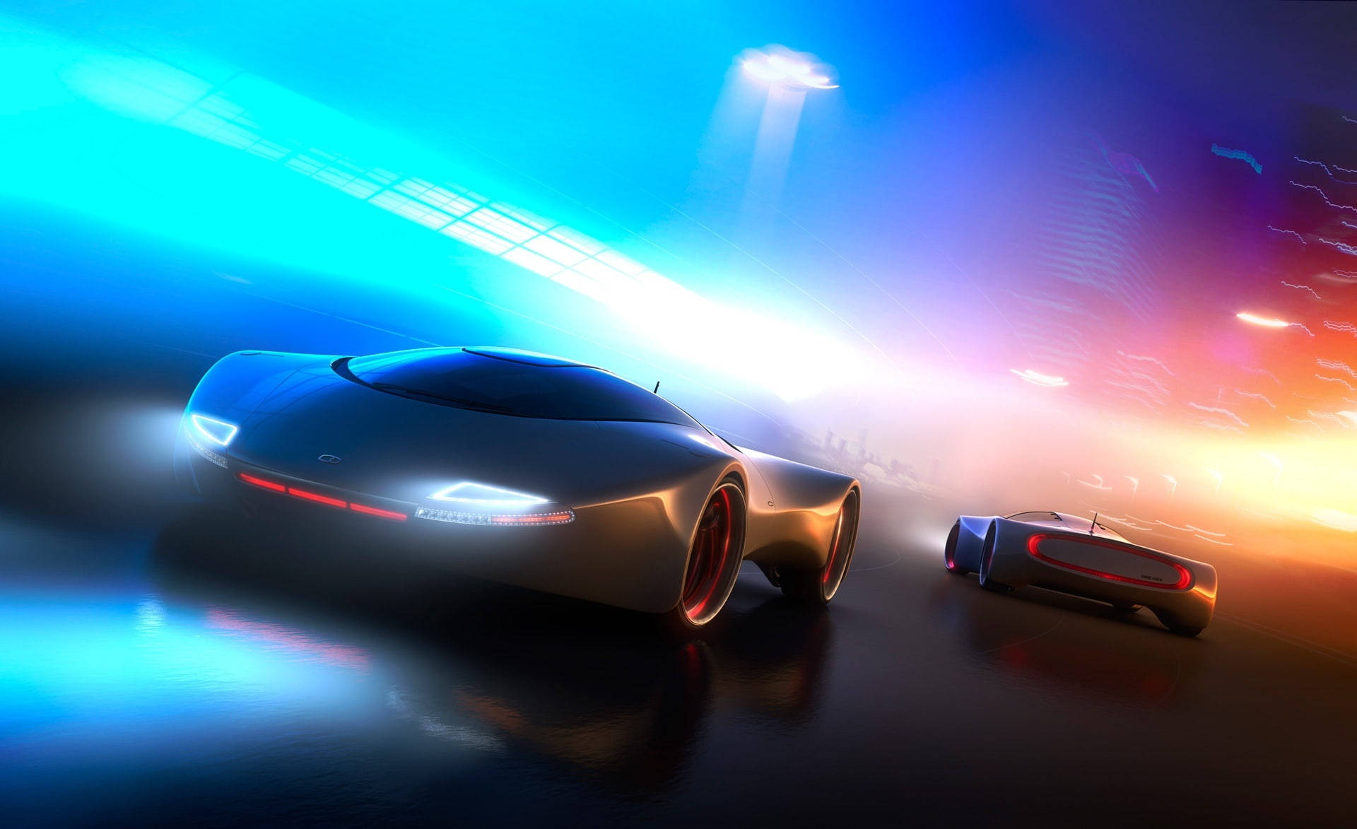 futuristic 3d car, neon lights, wet reflective track, Full HD Desktop Wallpaper