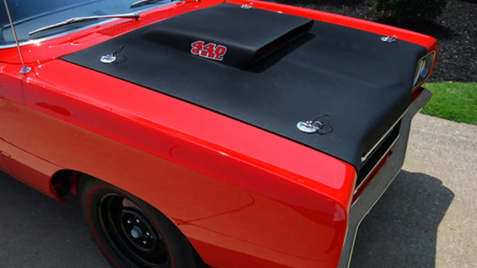 glossy red classic muscle car, black hood scoop, 340 emblem, HD Desktop Wallpaper