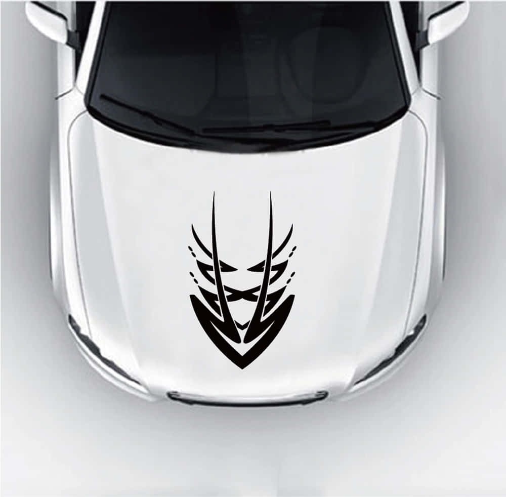 sleek sports car, white car hood, bold black tribal-style dragon decal, SD Desktop Wallpaper