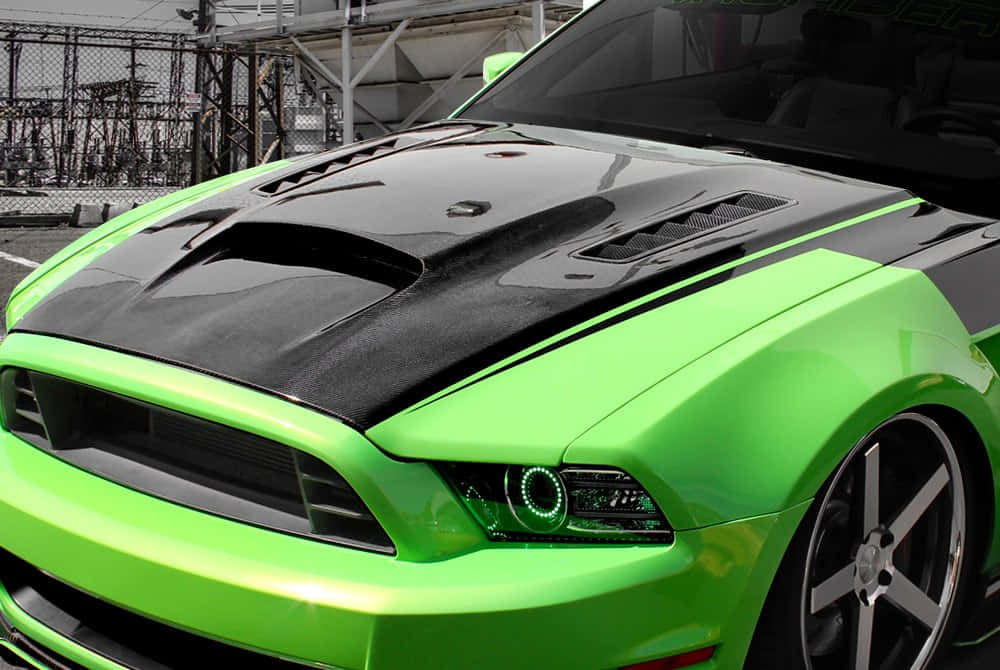 lime green sports car, black carbon fiber hood, glowing headlights, SD Desktop Wallpaper