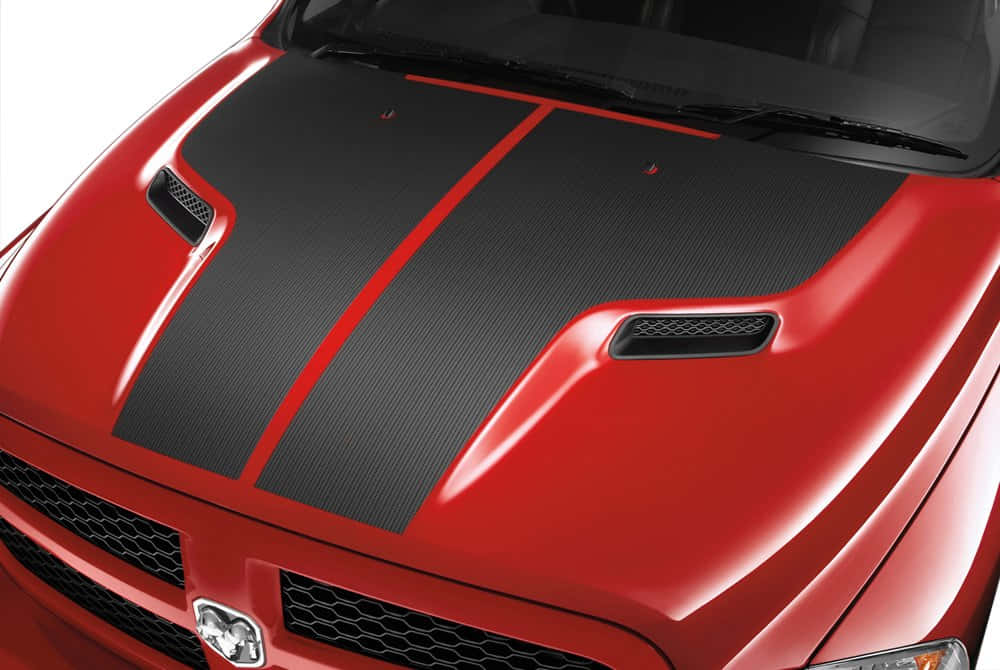 glossy red muscle car hood, black carbon fiber stripes, hood vents, SD Desktop Wallpaper