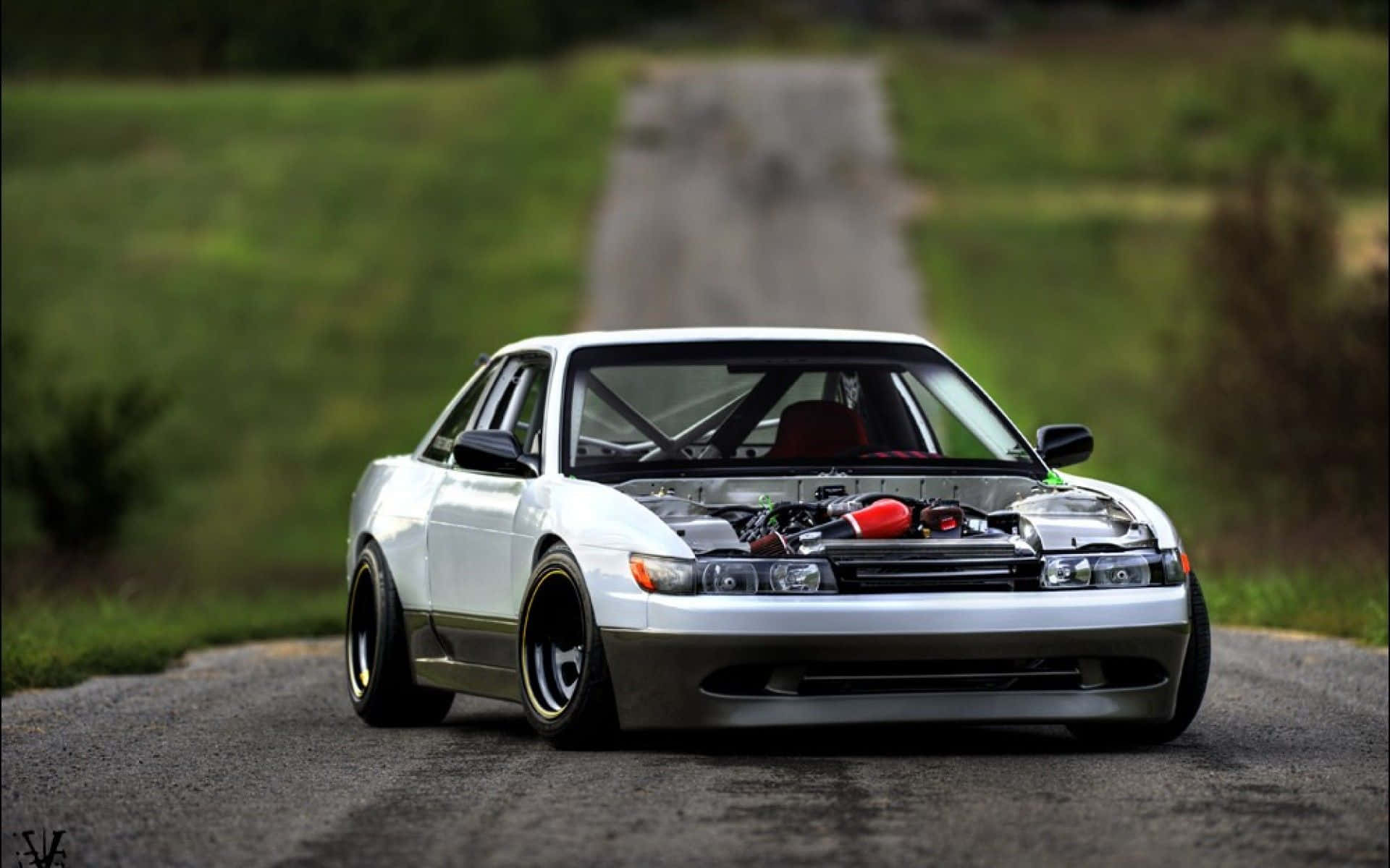 white modified sports car, red hood, gravel road, Full HD Desktop Wallpaper