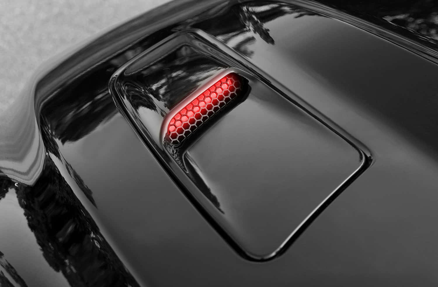 sleek black car, hood scoop, vibrant red hexagonal LED lights, HD Desktop Wallpaper
