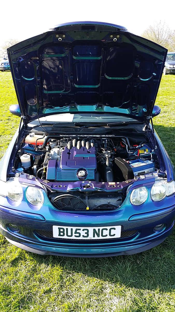 blue car, engine bay, green grass, SD Phone Wallpaper