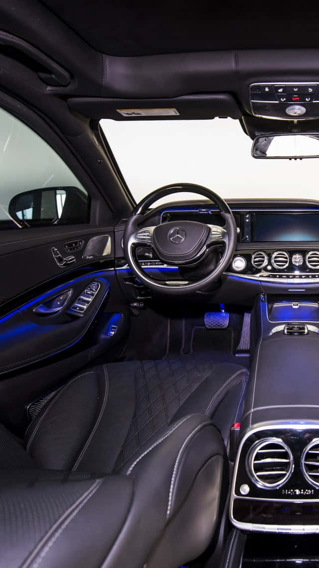 2020 S560 Mercedes Benz Sedan, black leather seats, ambient blue lighting, SD Phone Wallpaper