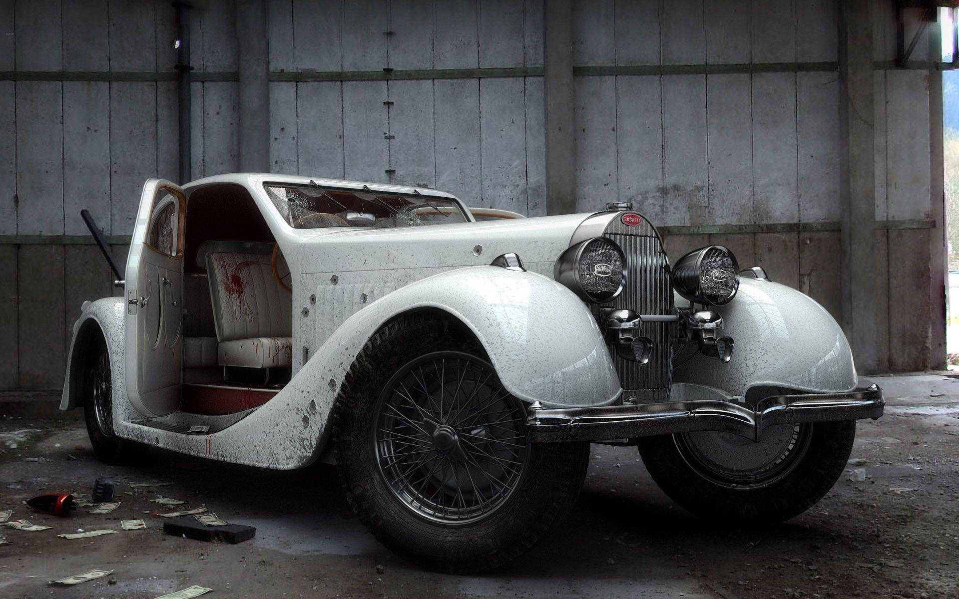 vintage white sports car, gritty concrete garage, rusted interior, Full HD Desktop Wallpaper