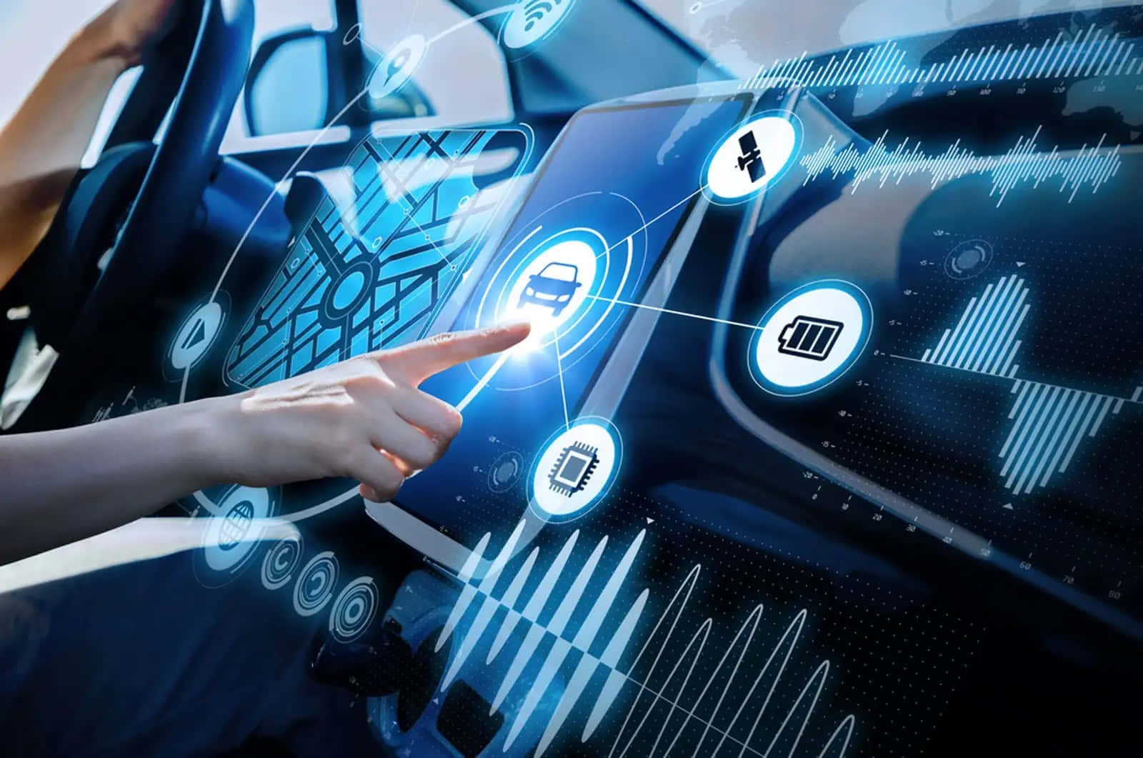 futuristic car dashboard, glowing blue holographic data visualizations, icons, HD Desktop Wallpaper