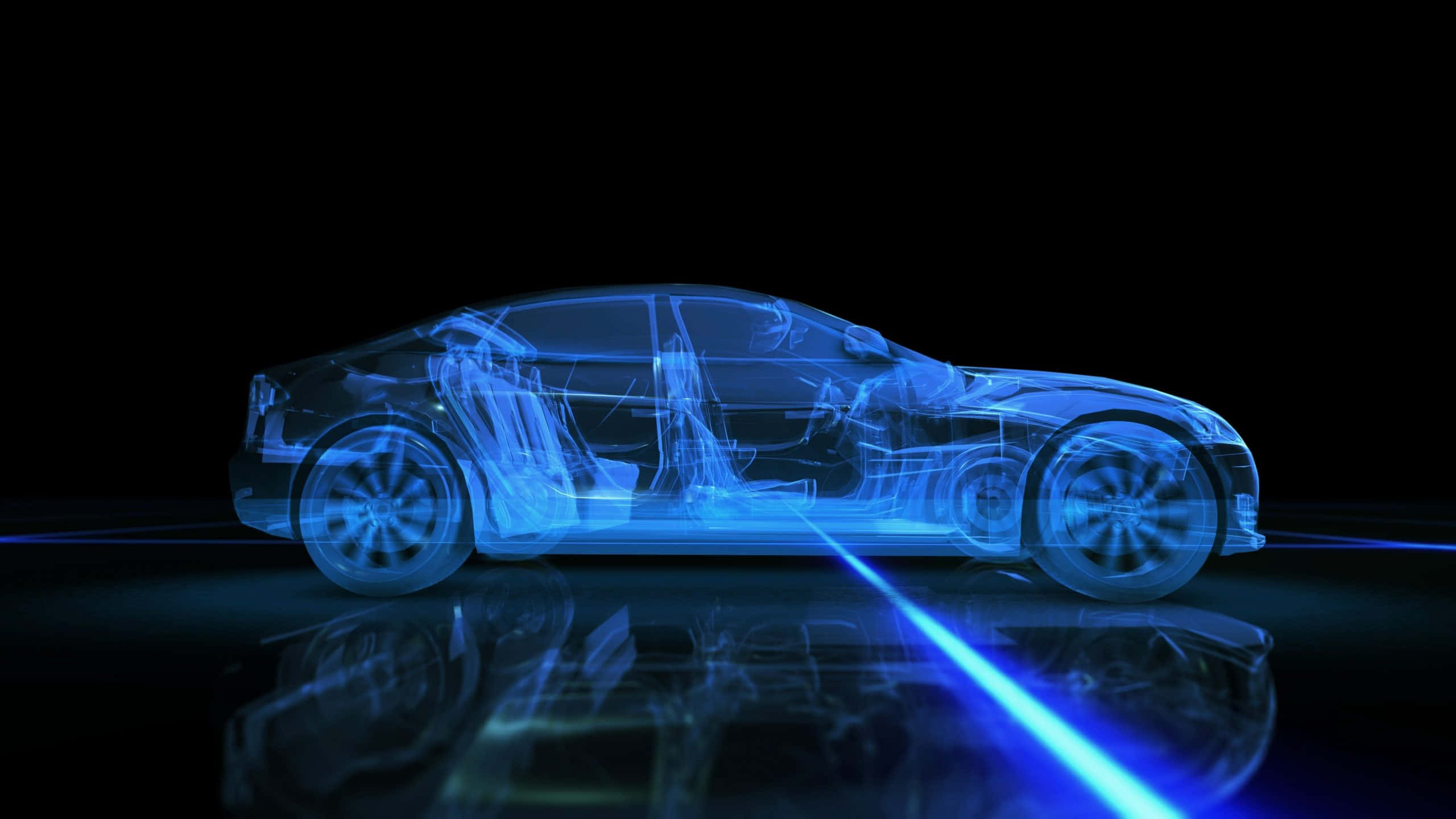 futuristic blue holographic sedan, black background, reflective surface, 2K Desktop Wallpaper