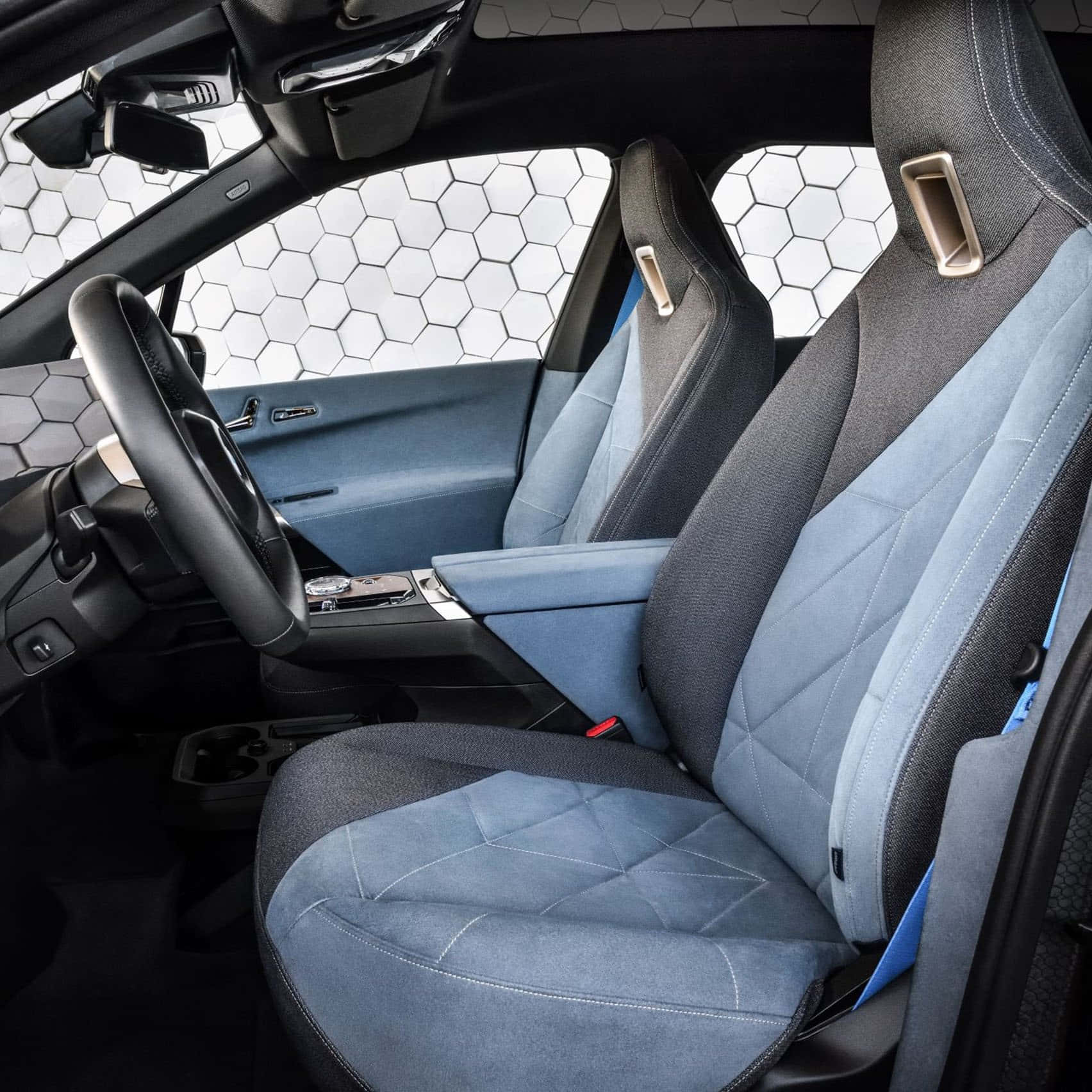 blue quilted seats, hexagonal patterned windows, bright daylight, HD Desktop Wallpaper