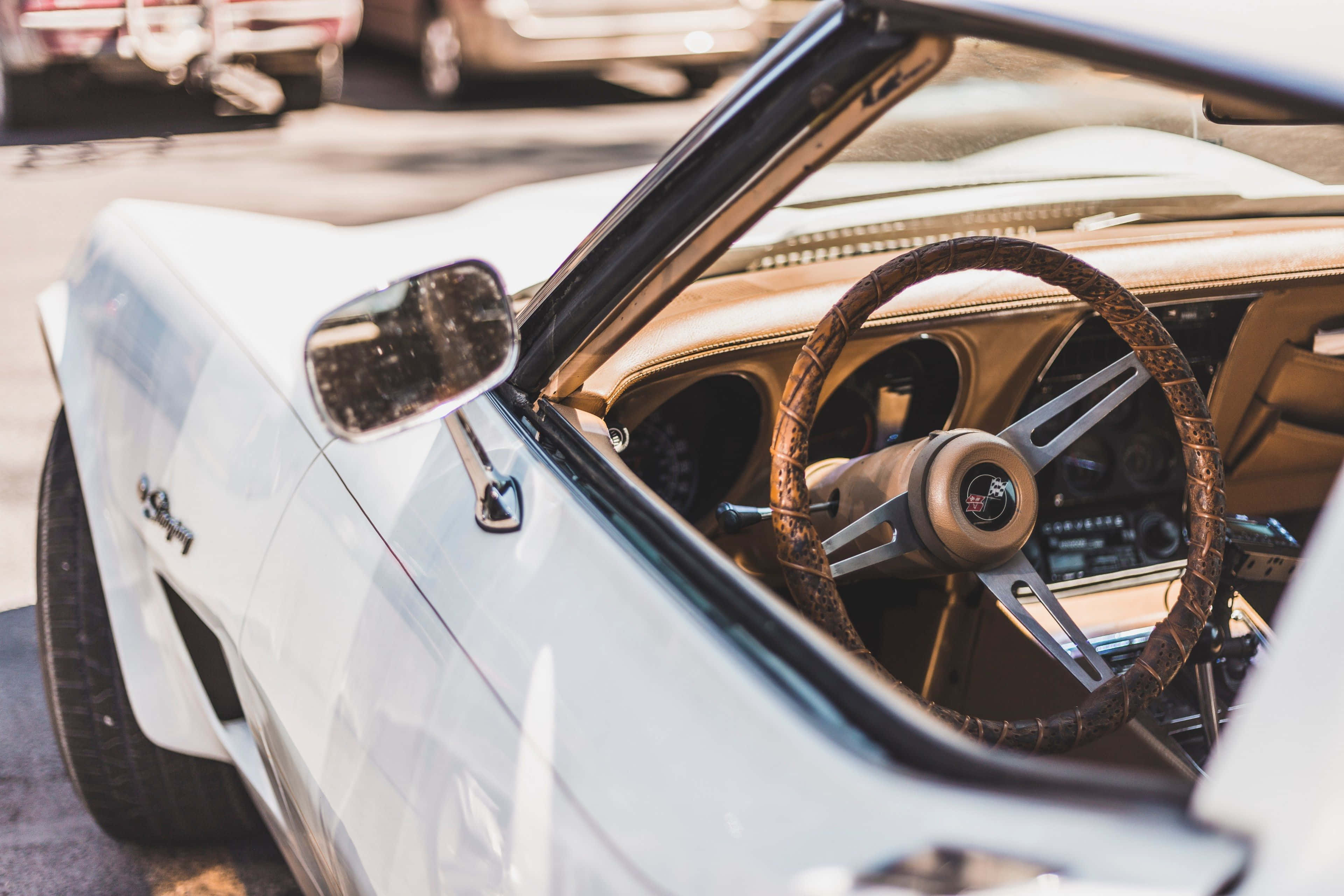 white classic convertible, brown leather steering wheel, dashboard, 4K Desktop Wallpaper