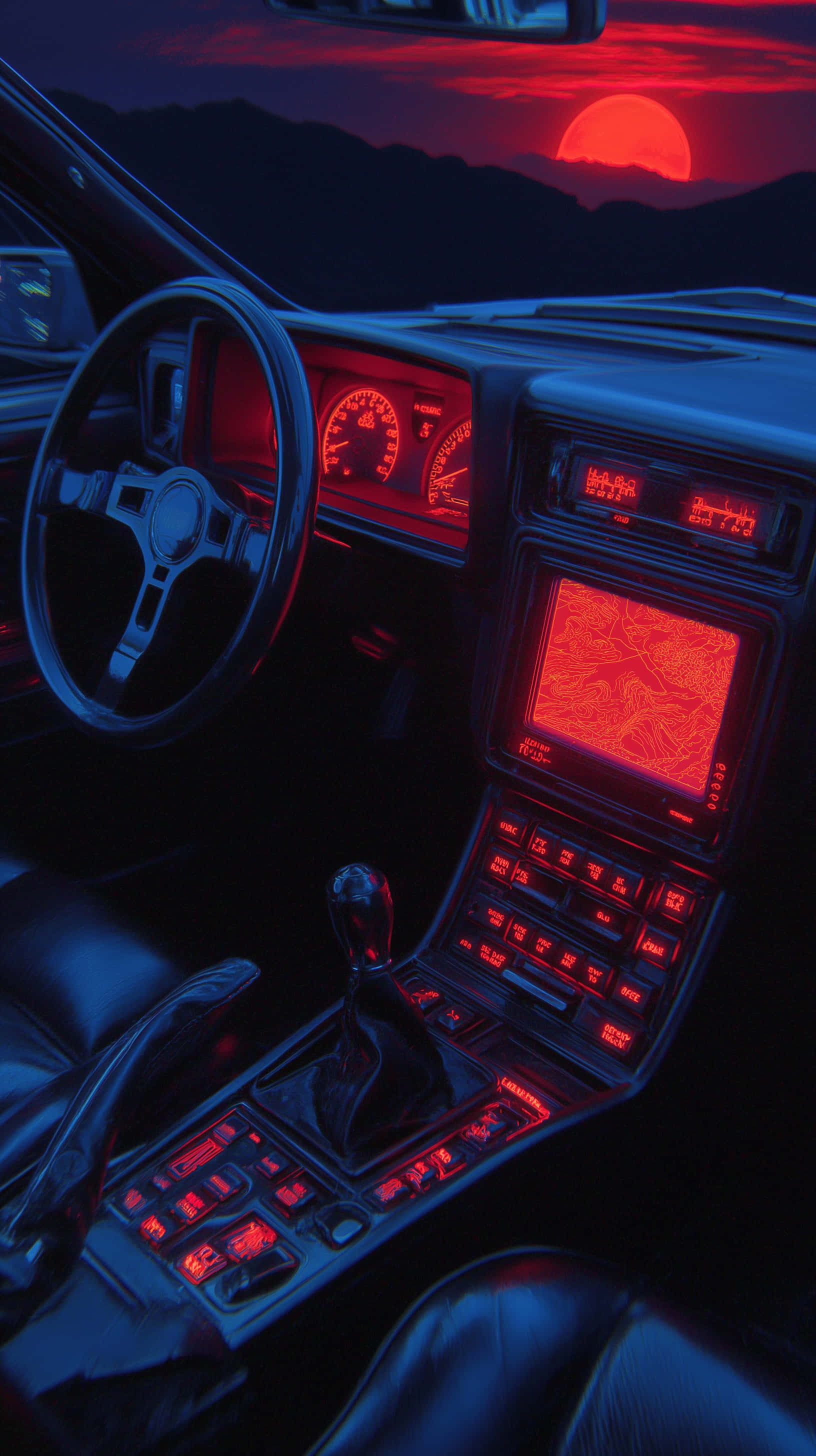 glowing red dashboard, gear shift, fiery red sunset, 2K Phone Wallpaper