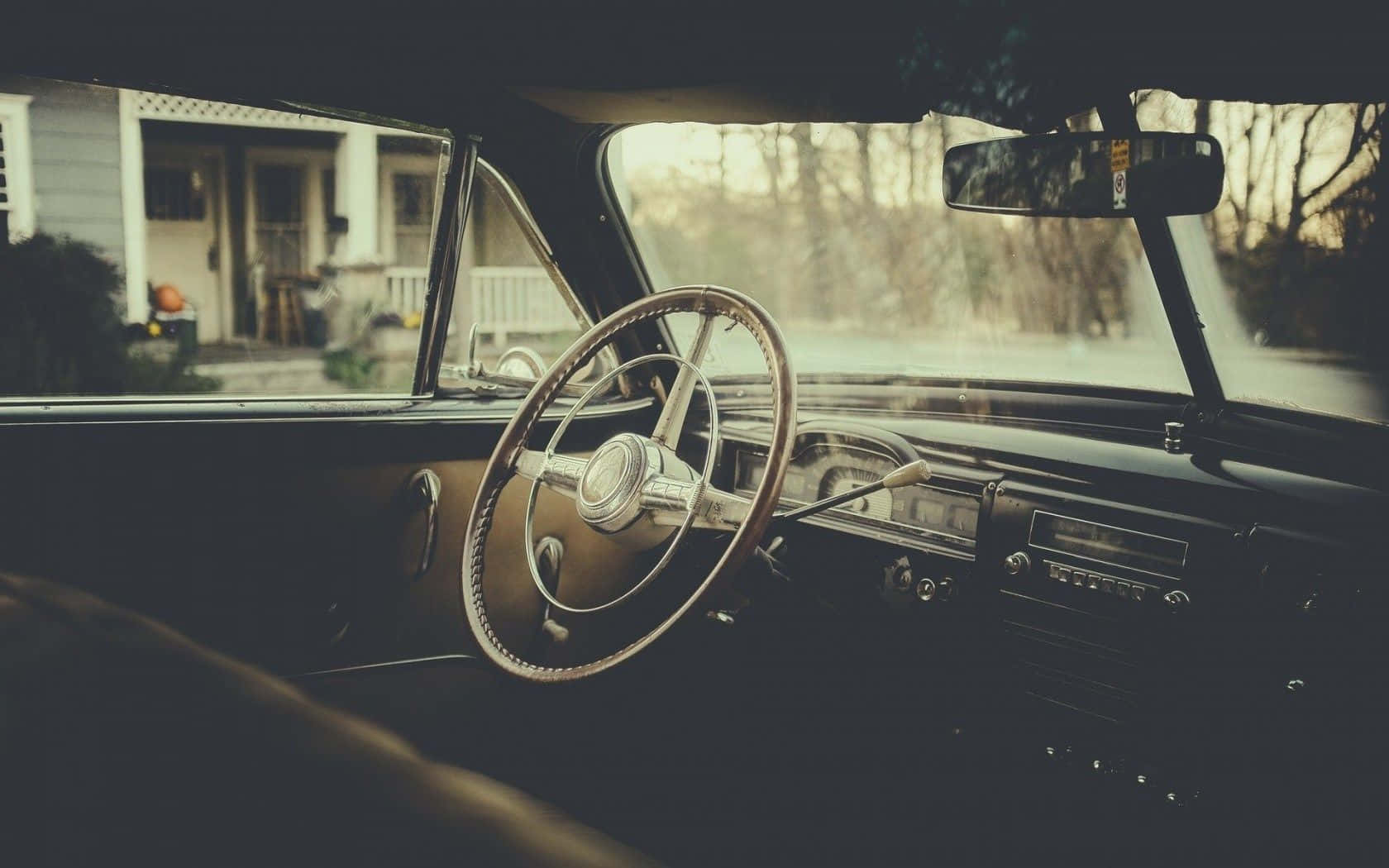 vintage car interior, wooden steering wheel, dashboard, HD Desktop Wallpaper