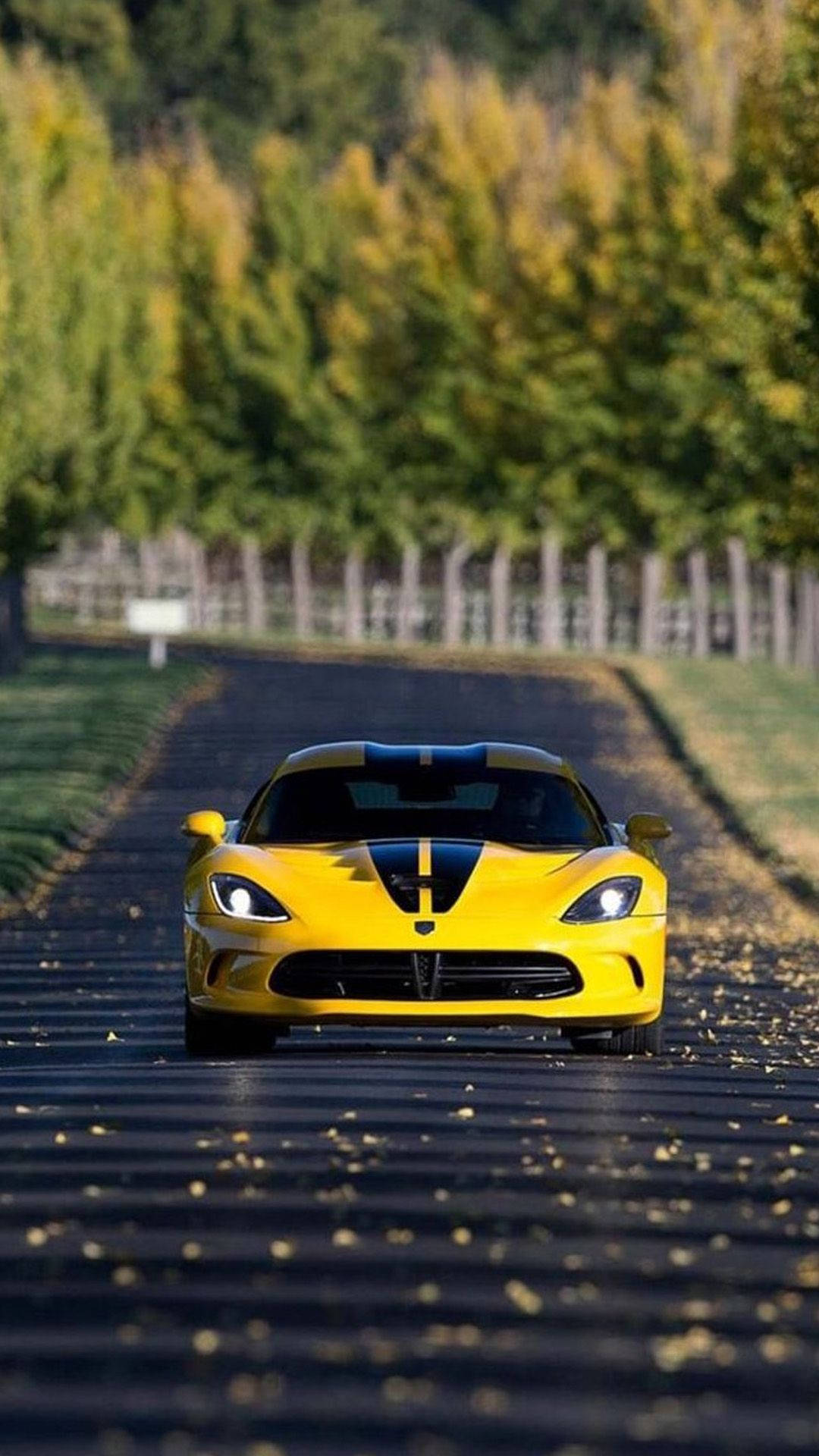 yellow sports car, black stripes, tree-lined road, Full HD Phone Wallpaper