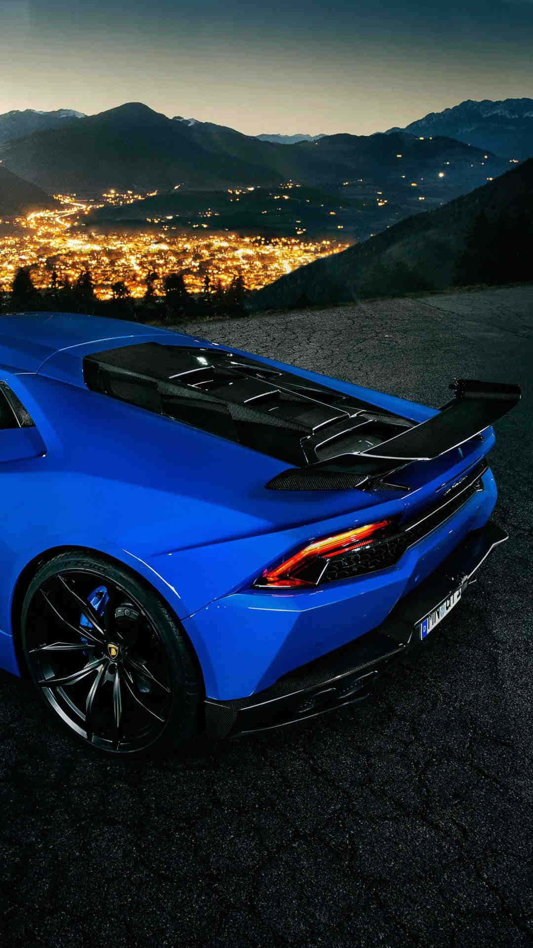 blue Lamborghini, mountain overlook, twilight, Full HD Phone Wallpaper