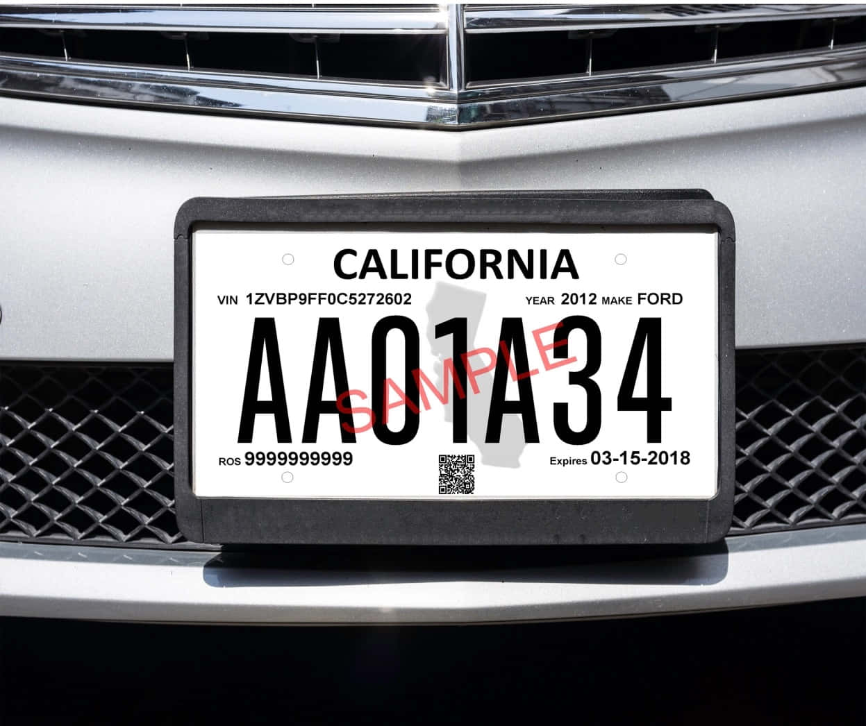 California sample license plate, silver Ford car, front grille, SD Desktop Wallpaper