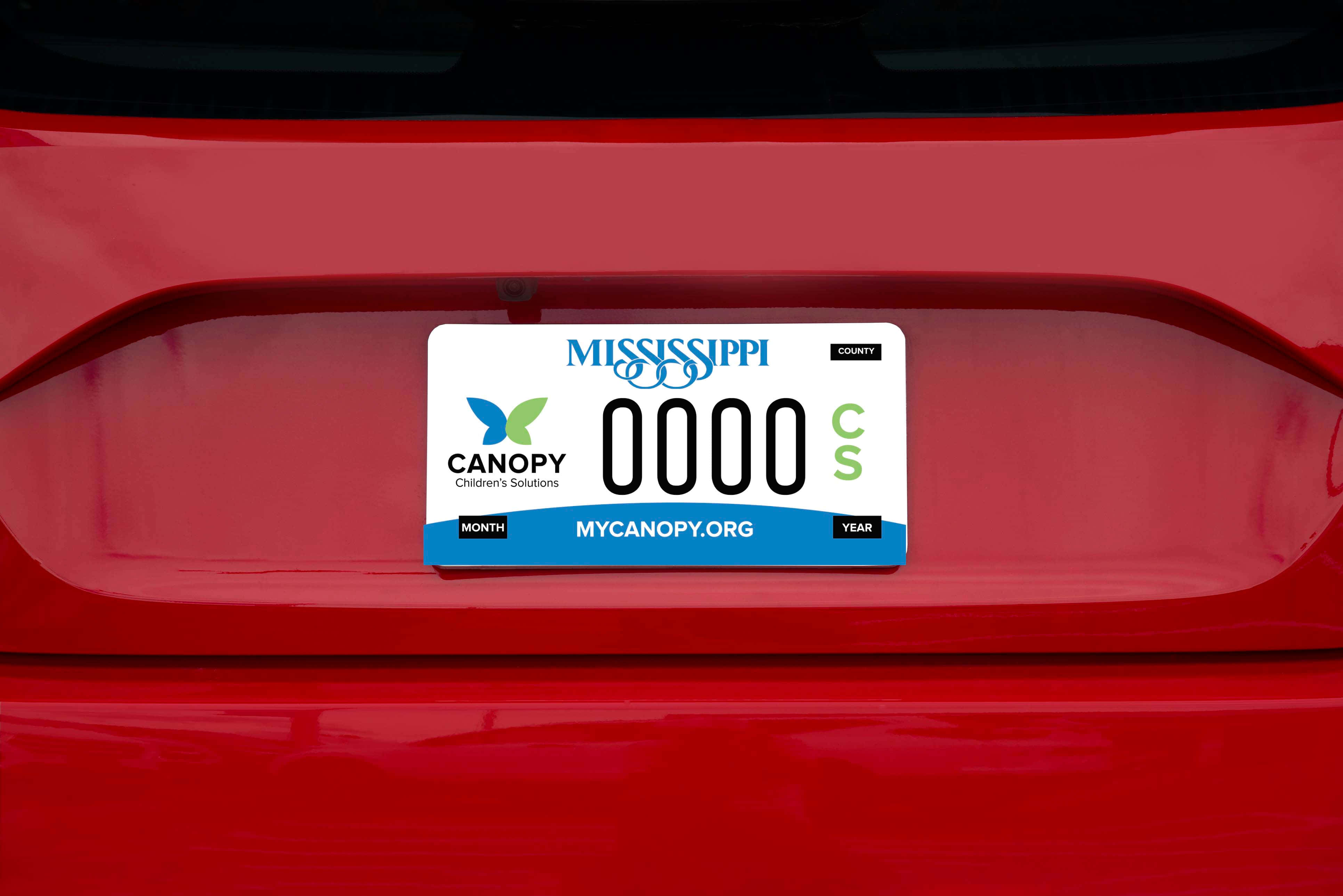Mississippi license plate, 0000 CS, glossy red car trunk, 4K Desktop Wallpaper