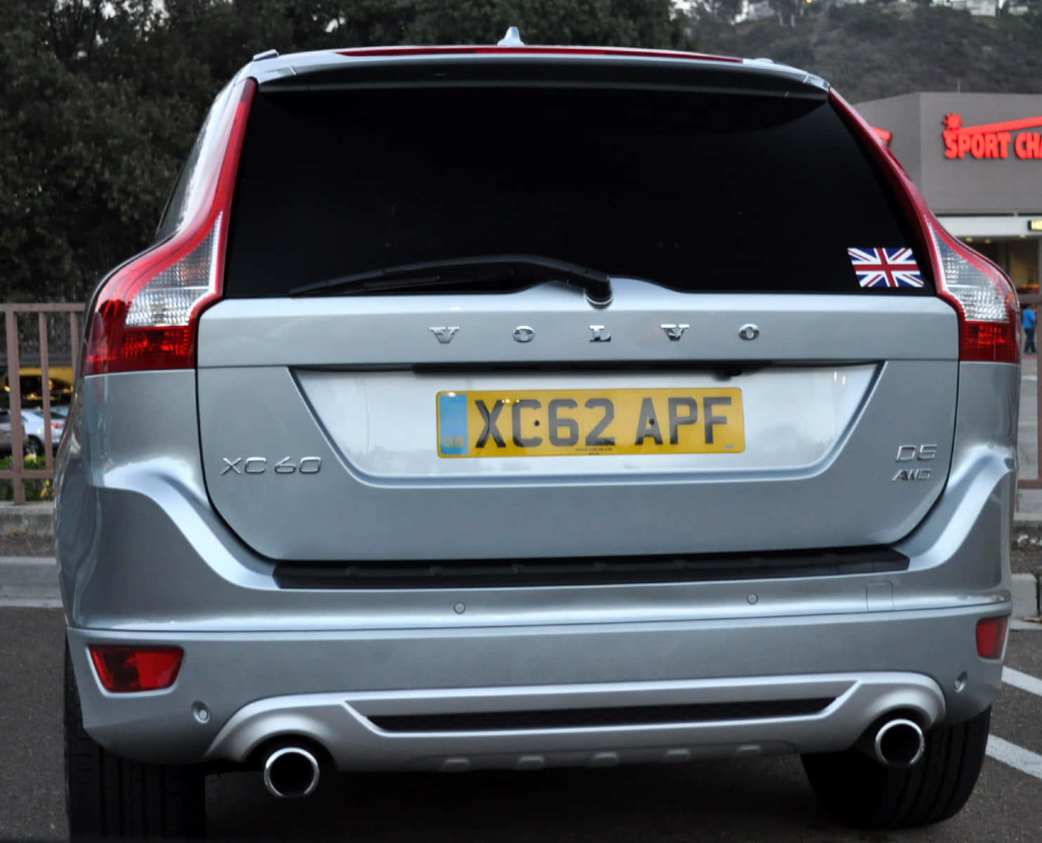 silver Volvo XC60 SUV, UK flag sticker, yellow license plate, HD Desktop Wallpaper