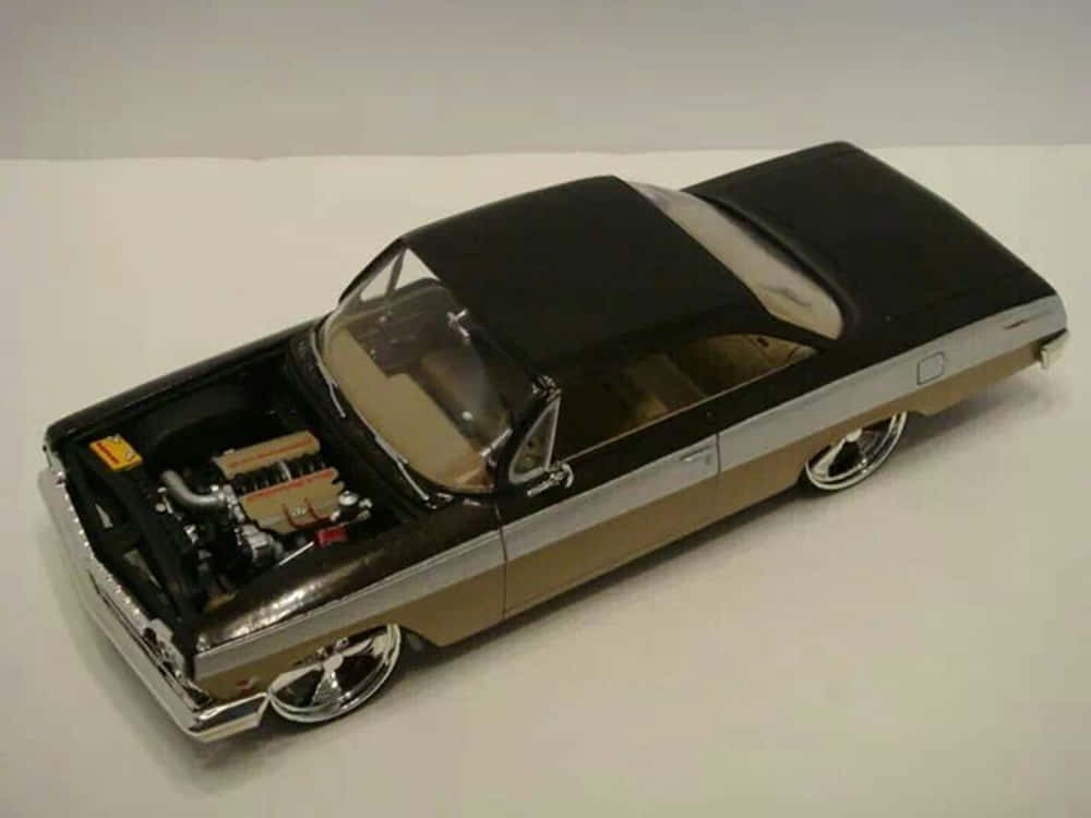 sleek black and tan custom classic car model, chrome wheels, exposed engine, SD Desktop Wallpaper