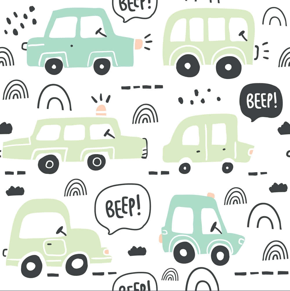 mint green, sage green, cartoon cars, SD Phone Wallpaper