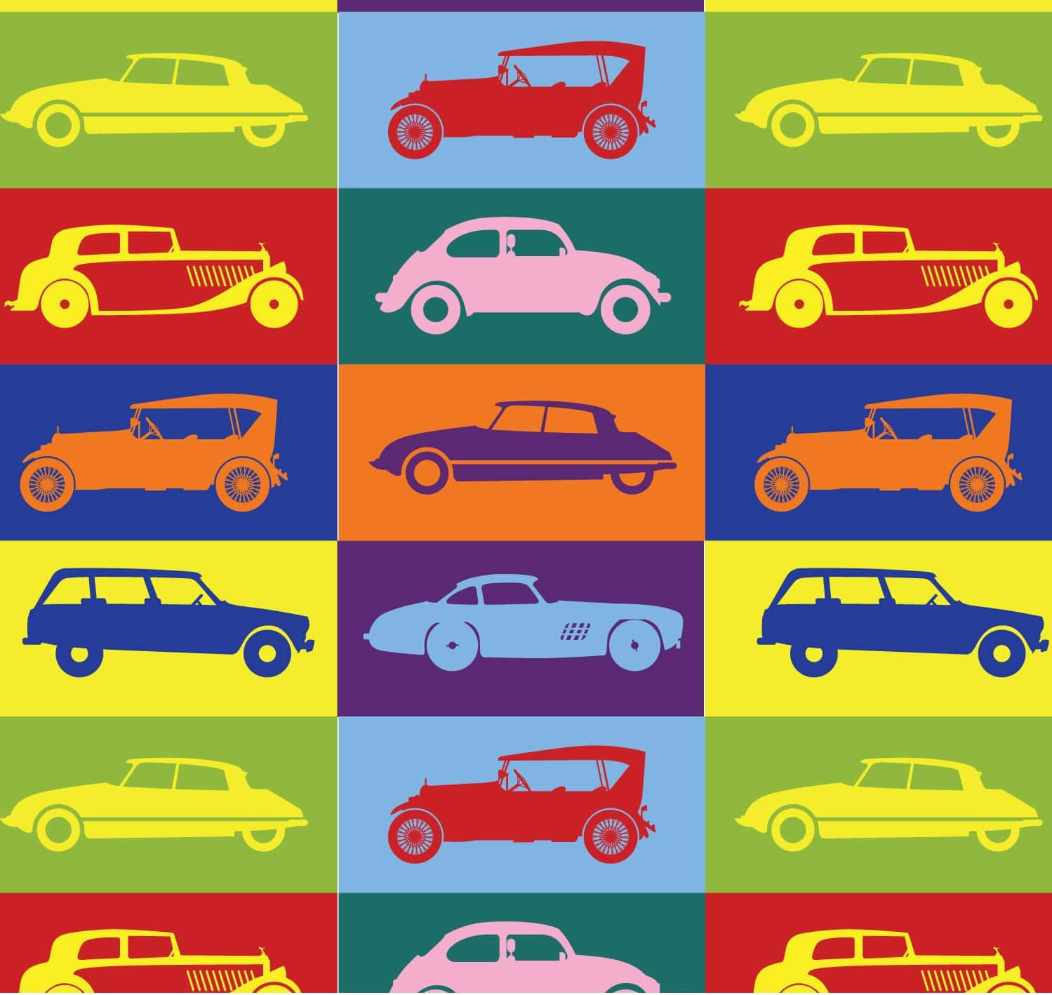 Vibrant pop art grid, vintage car silhouettes, bold contrasting colors, HD Desktop Wallpaper