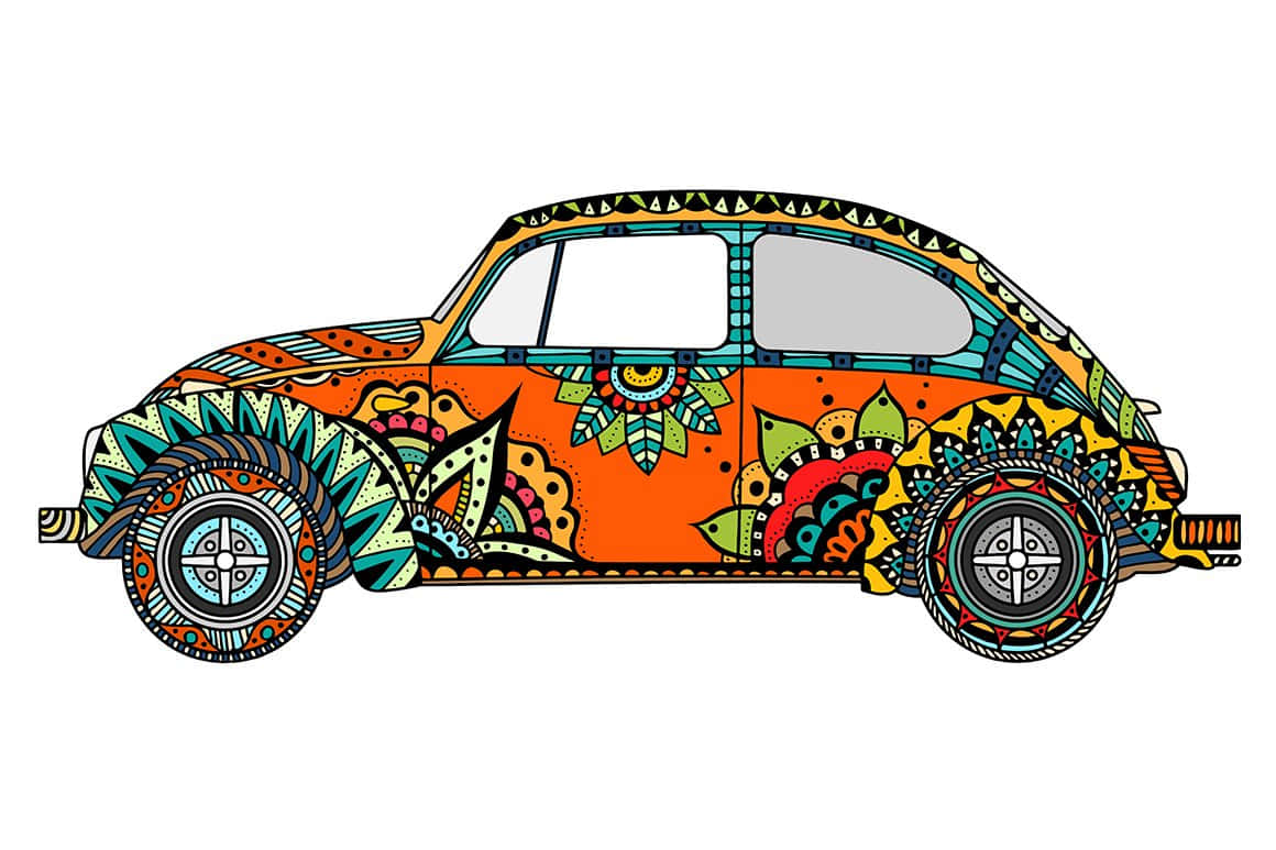 vintage car, intricate colorful mandala patterns, tribal motifs, SD Desktop Wallpaper