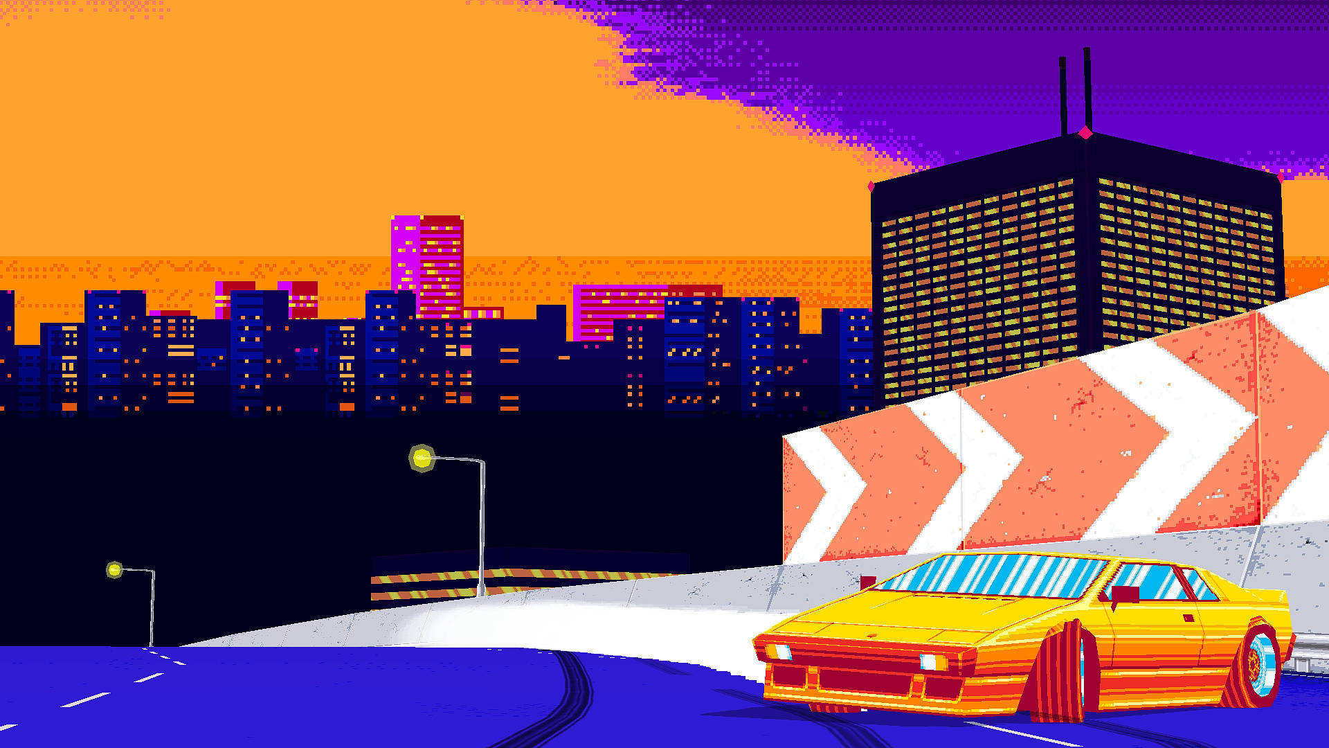 yellow car, 8 bit, curved road, Full HD Desktop Wallpaper