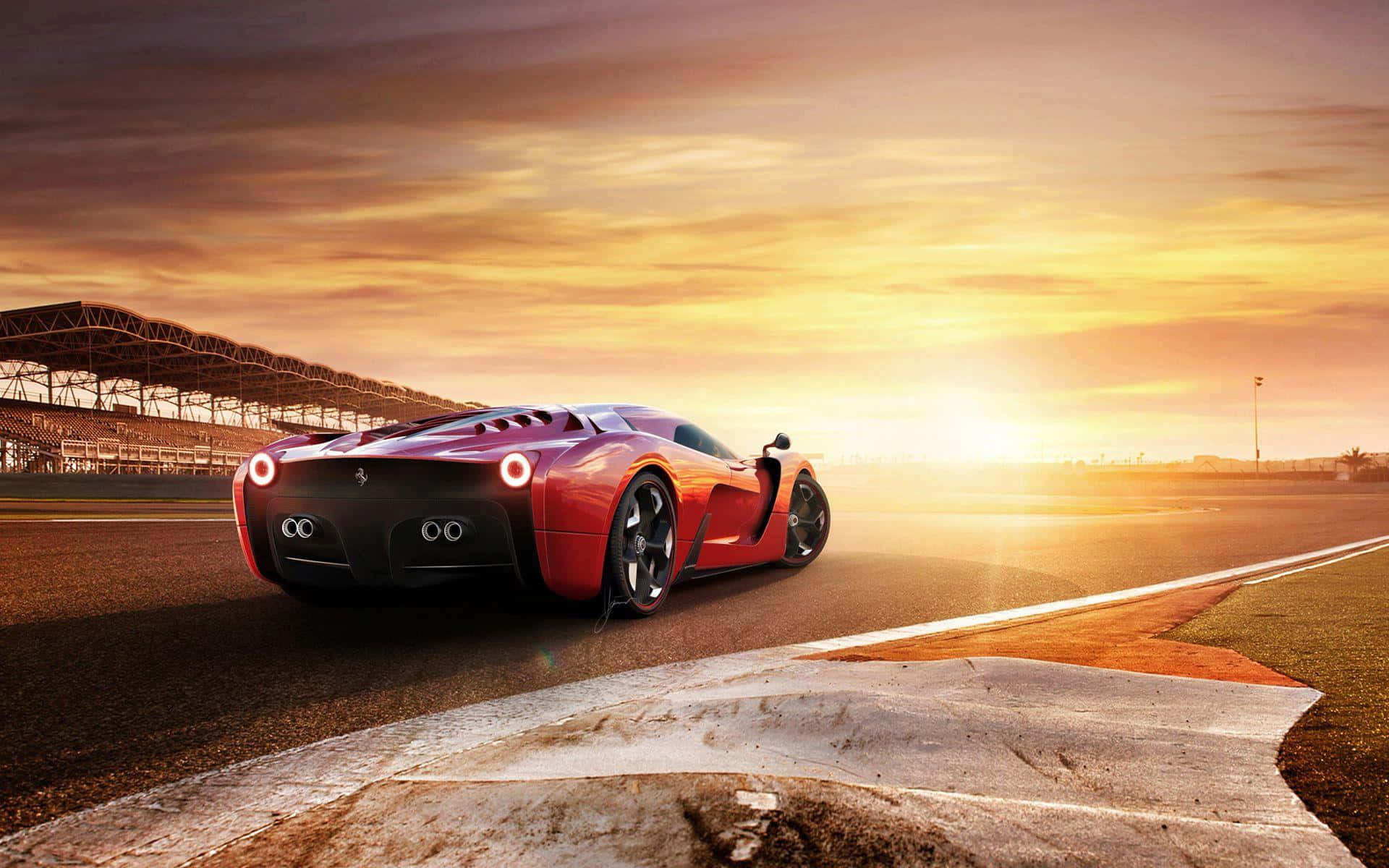 sleek red sports car, racetrack, sunset, Full HD Desktop Wallpaper