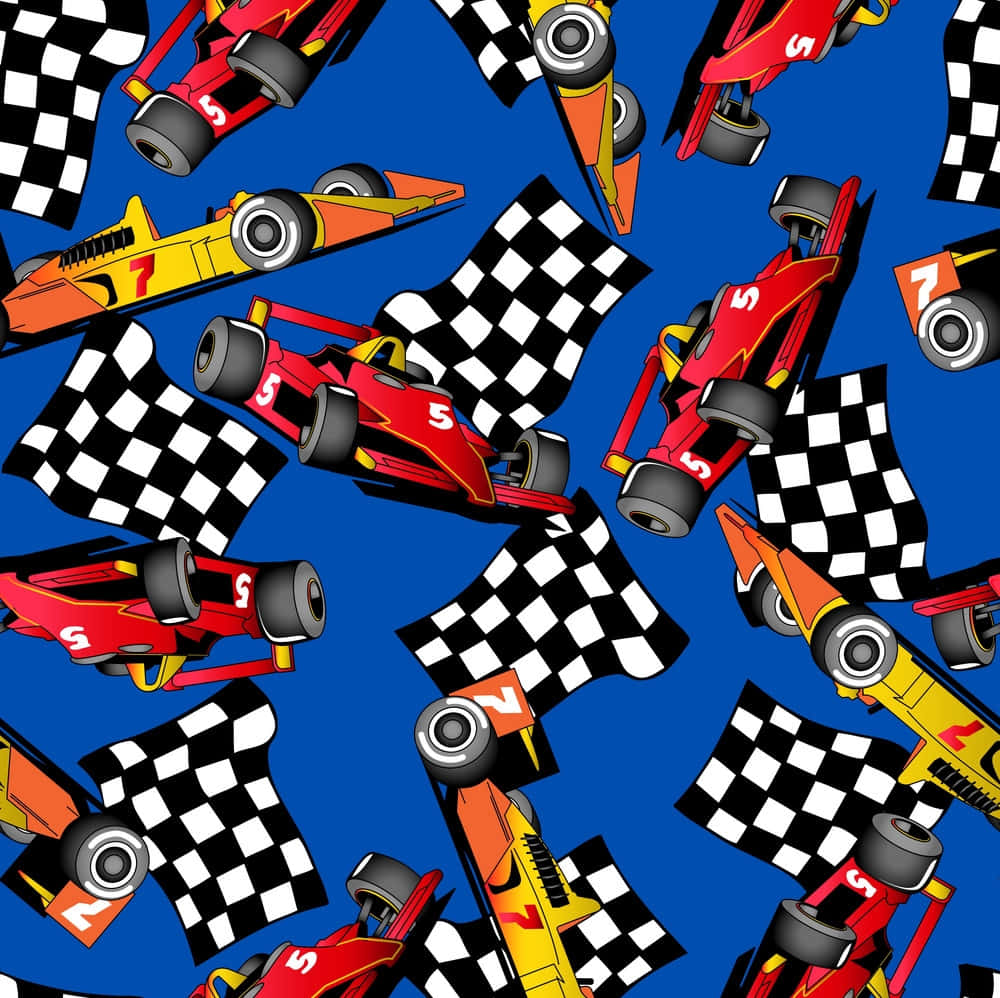 Vibrant red, yellow race cars, checkered flags, SD Desktop Wallpaper