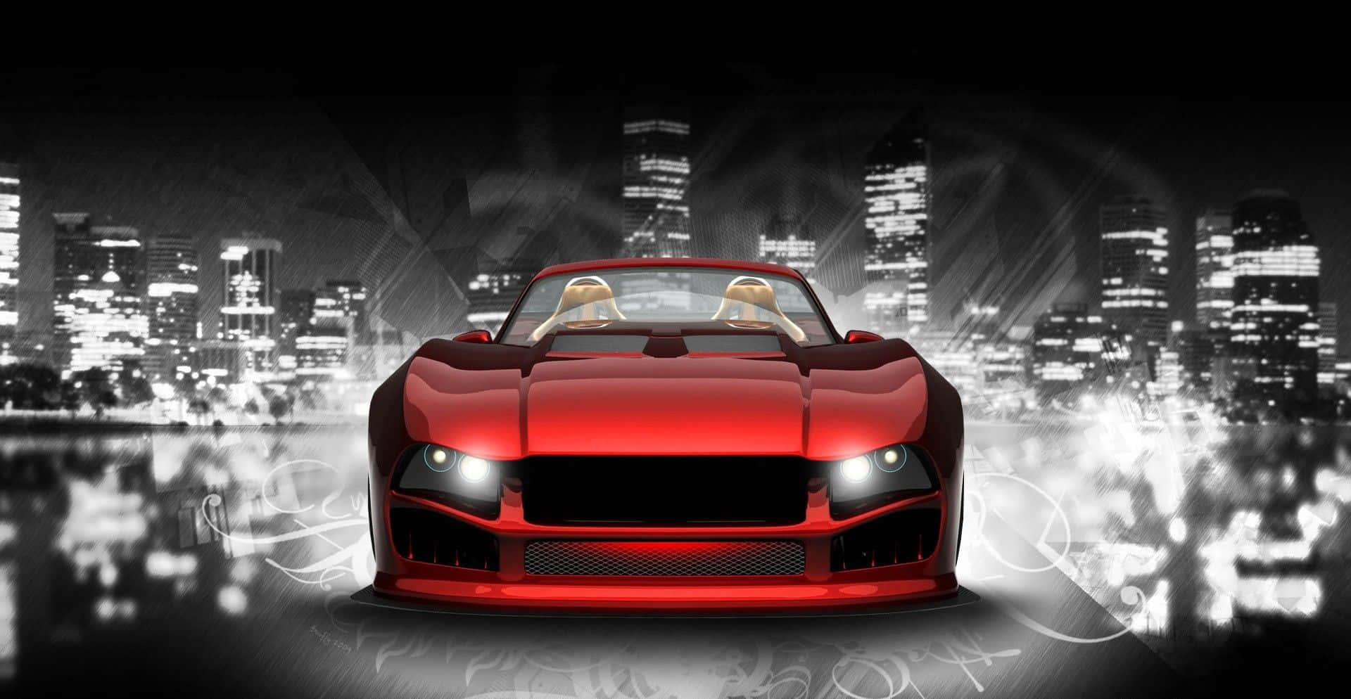 glossy red sports car, city lights, monochrome urban skyline, Full HD Desktop Wallpaper
