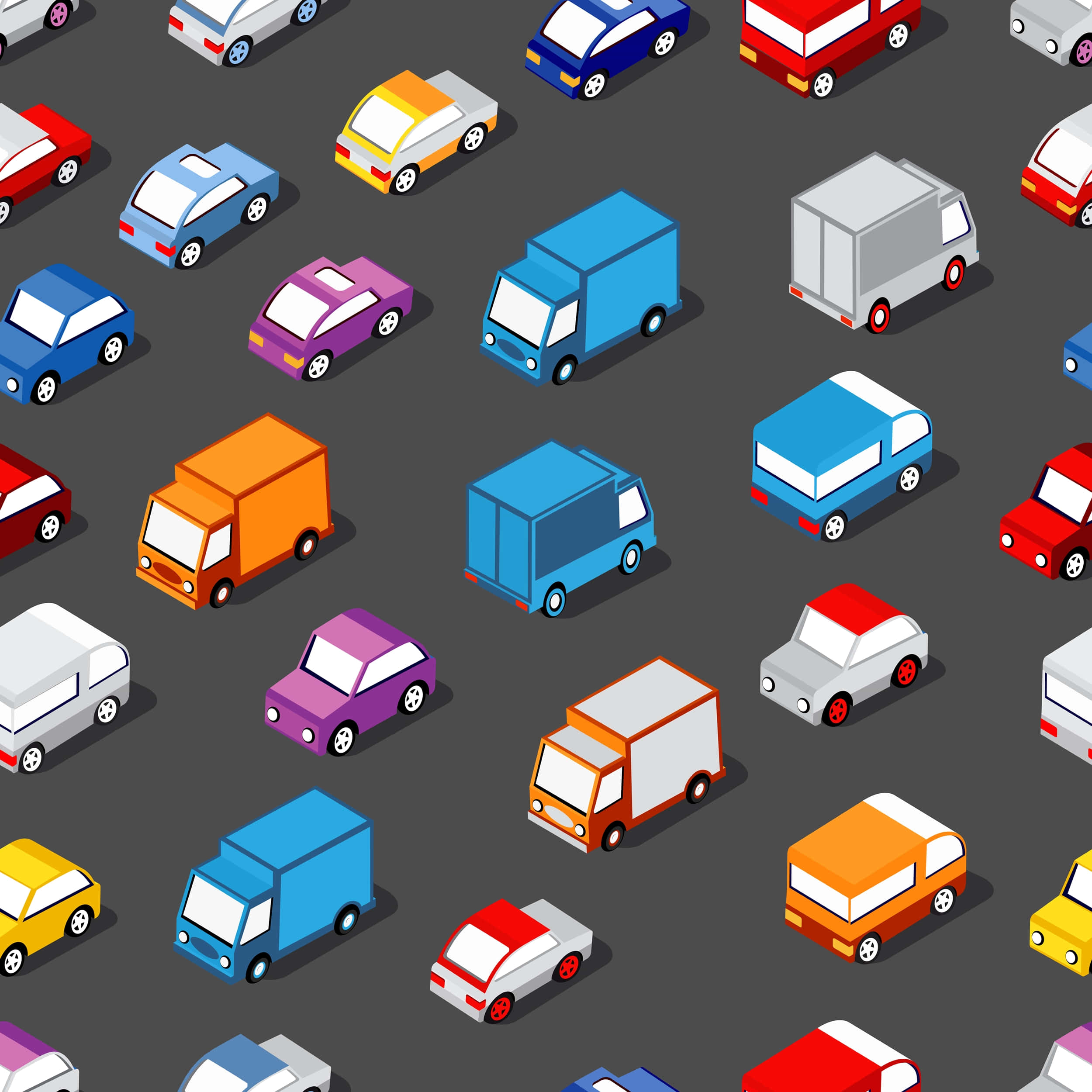 colorful cartoon cars, colorful cartoon trucks, gray road surface, Full HD Desktop Wallpaper