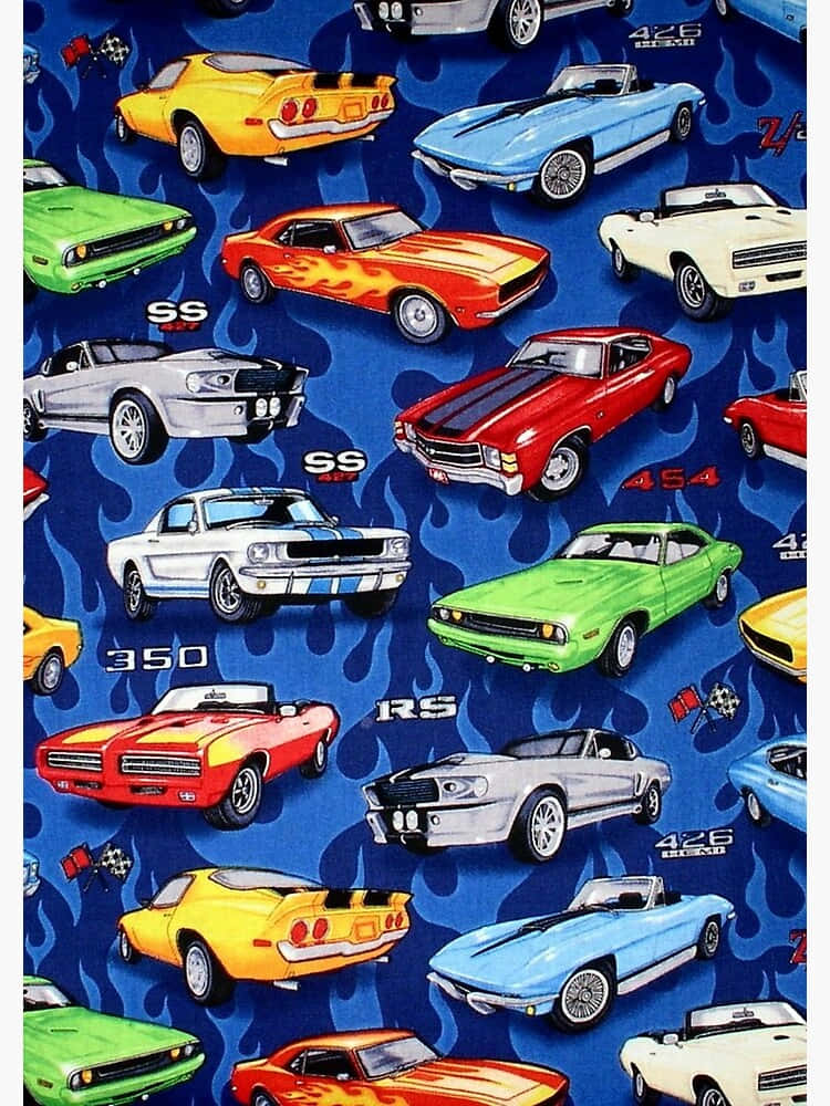 classic muscle cars, bold colors, dynamic blue flame background, SD Phone Wallpaper